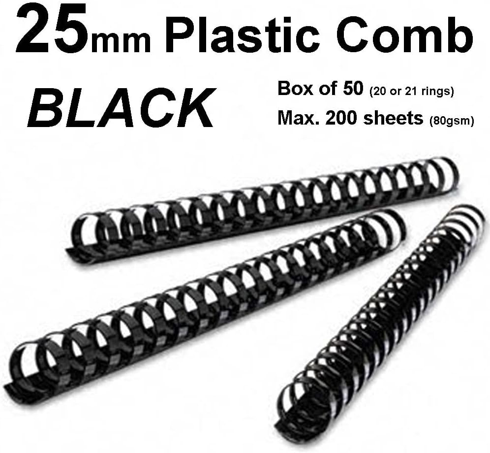 25Mm Plastic Binding Combs - Black, 20 or 21 Ring, Pack of 50