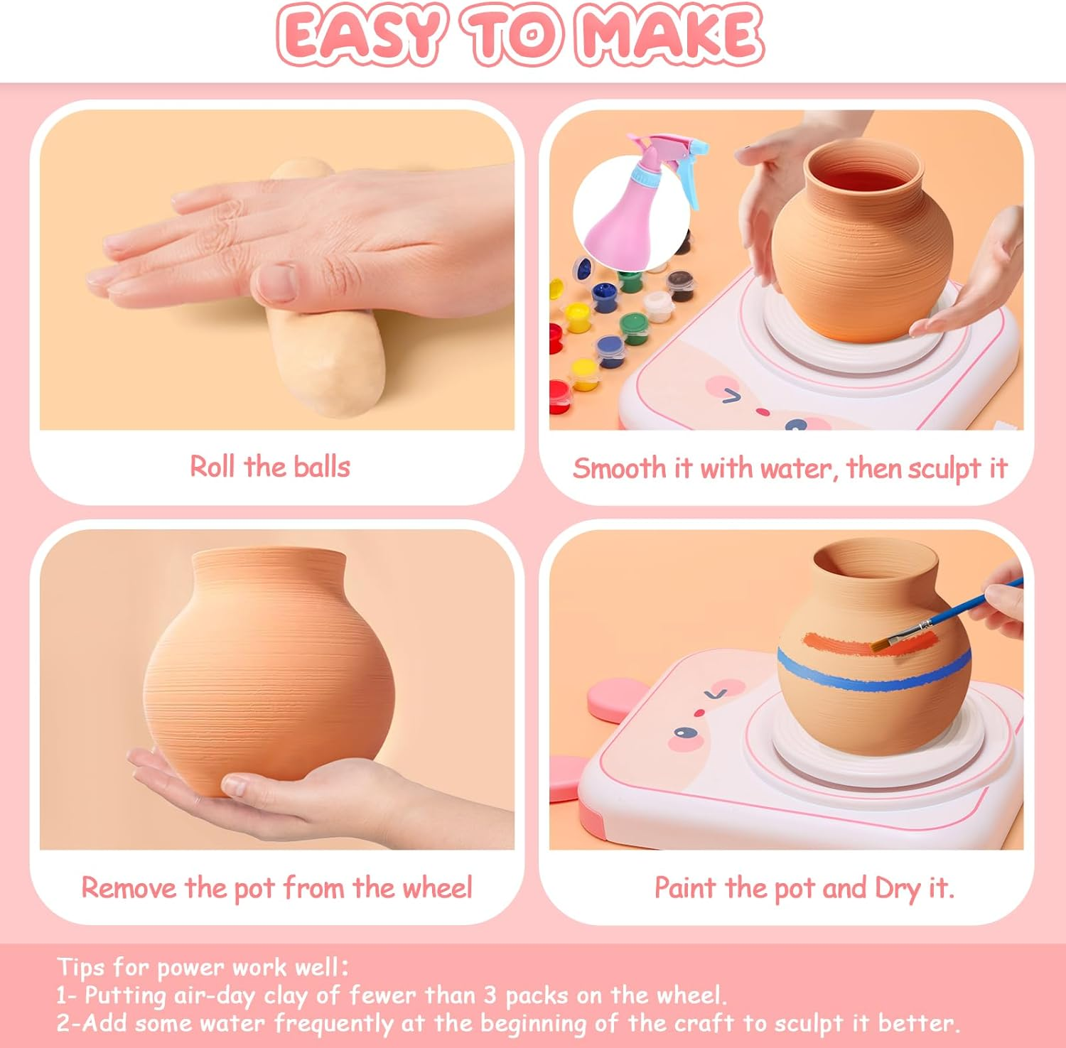 Skirfy Pottery Wheel for Kids Sculpting Tools & Painting Kit,Birthday Gift Girls Toys 8-10,DIY Kits Clay Maker for Beginners with 6 Packs Modeling Clays image number 3