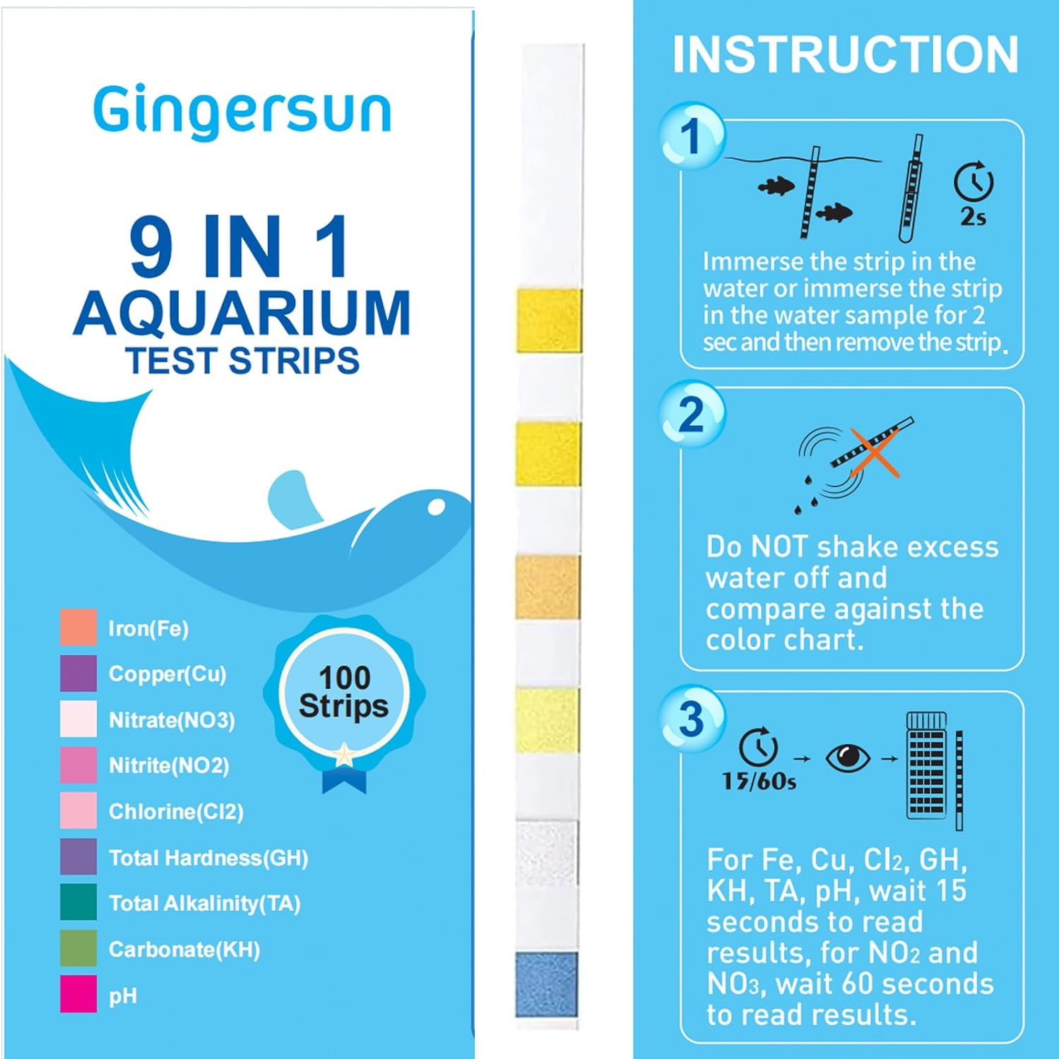 100 Strips Pack 9 in 1 Aquarium Test Kit, Fish Tank Test Strips, Freshwater Aquarium Test Kit to Detect Fe Cu Ph Nitrite Nitrate Chlorine Carbonate Total Alkalinity Hardness image number 2