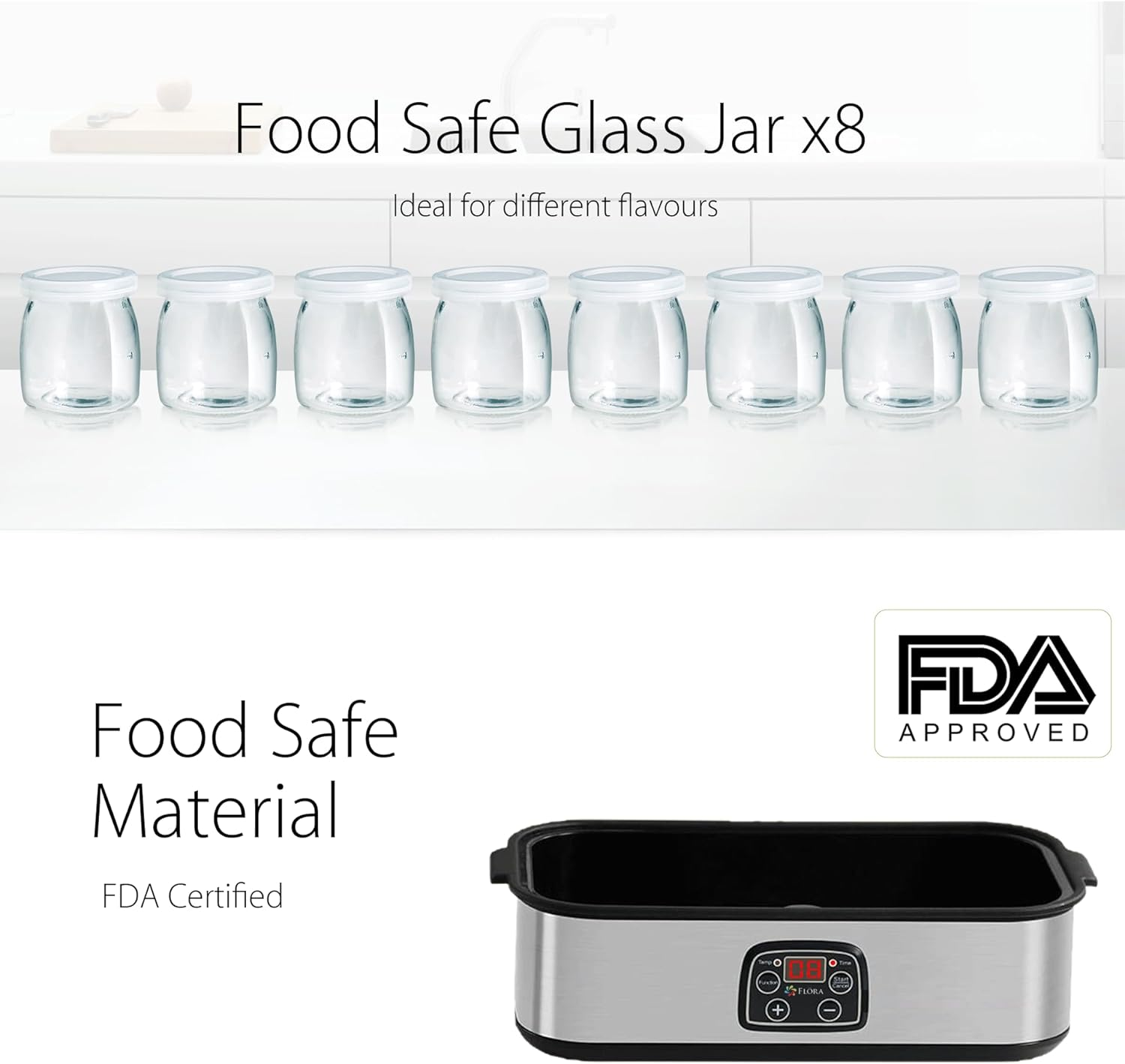 Flora Yoghurt Maker Electric-Australia Local Seller-Fermented Yogurt Making Machine-Auto Digital with 8 Glass Jars-Lcd Display with Temperature Setting-Natto/Rice Wine/Curd Making-Fl-Yme-816 image number 3