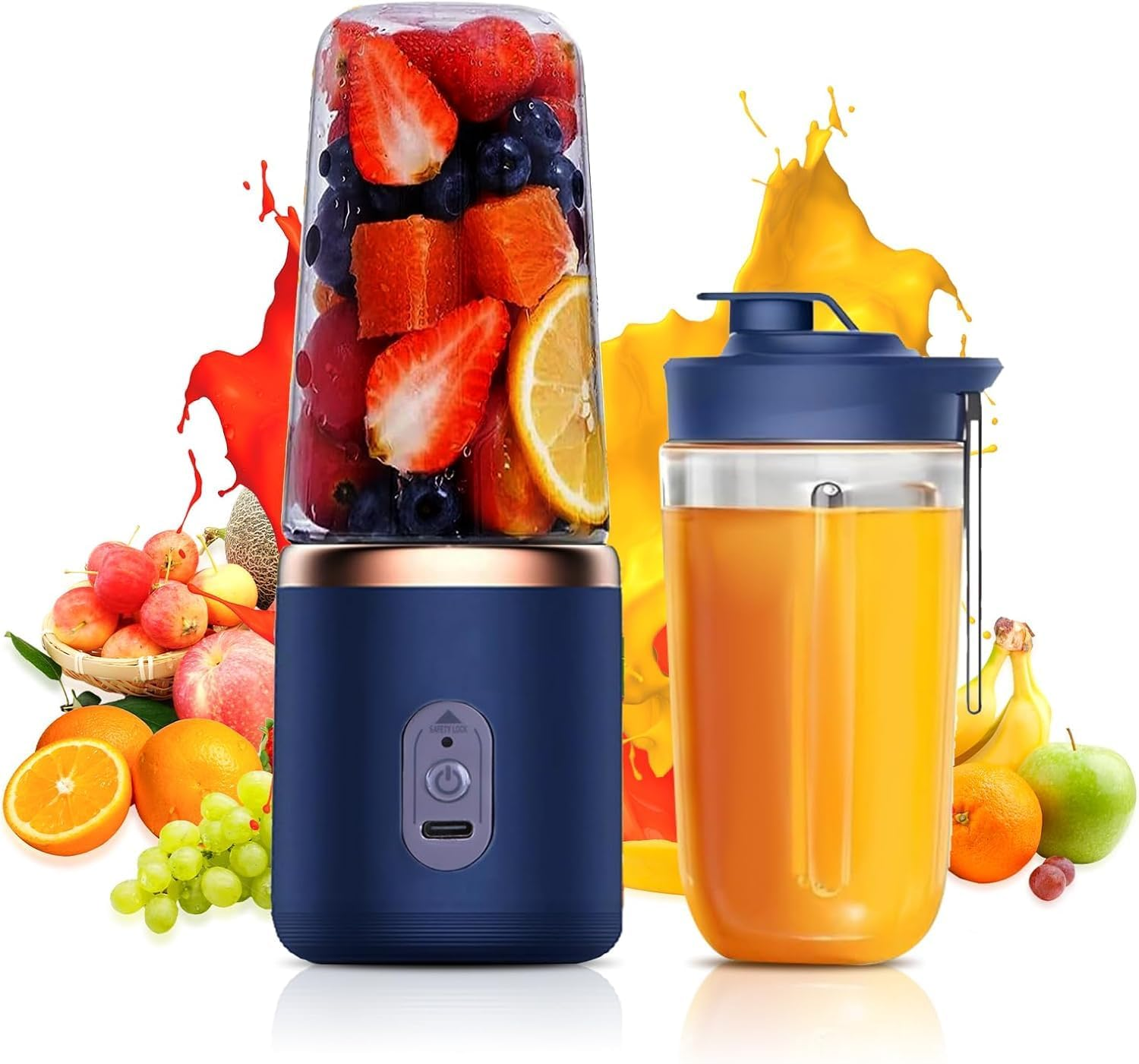 Portable Blender, Wireless Juicer, USB Rechargeable Smoothie Blend with 6 Sharp Blades and Double Cup, Travel Lid, Waterproof Blender for Kitchen with Seal Cover, for Outdoor Office Travel (Blue) image number 1
