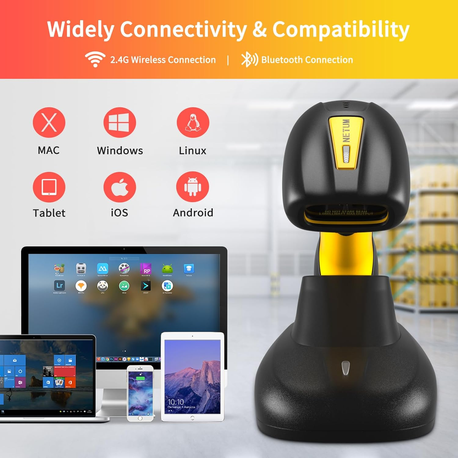 NETUM Upgraded QR Industrial Bluetooth Barcode Scanner with Charging Dock, Wireless 2D 1D Bar Code Reader 2600Mah Drop Protection Shock Dust Proof Hands Free for Windows Mac Android Ios (NT-1202W) image number 5
