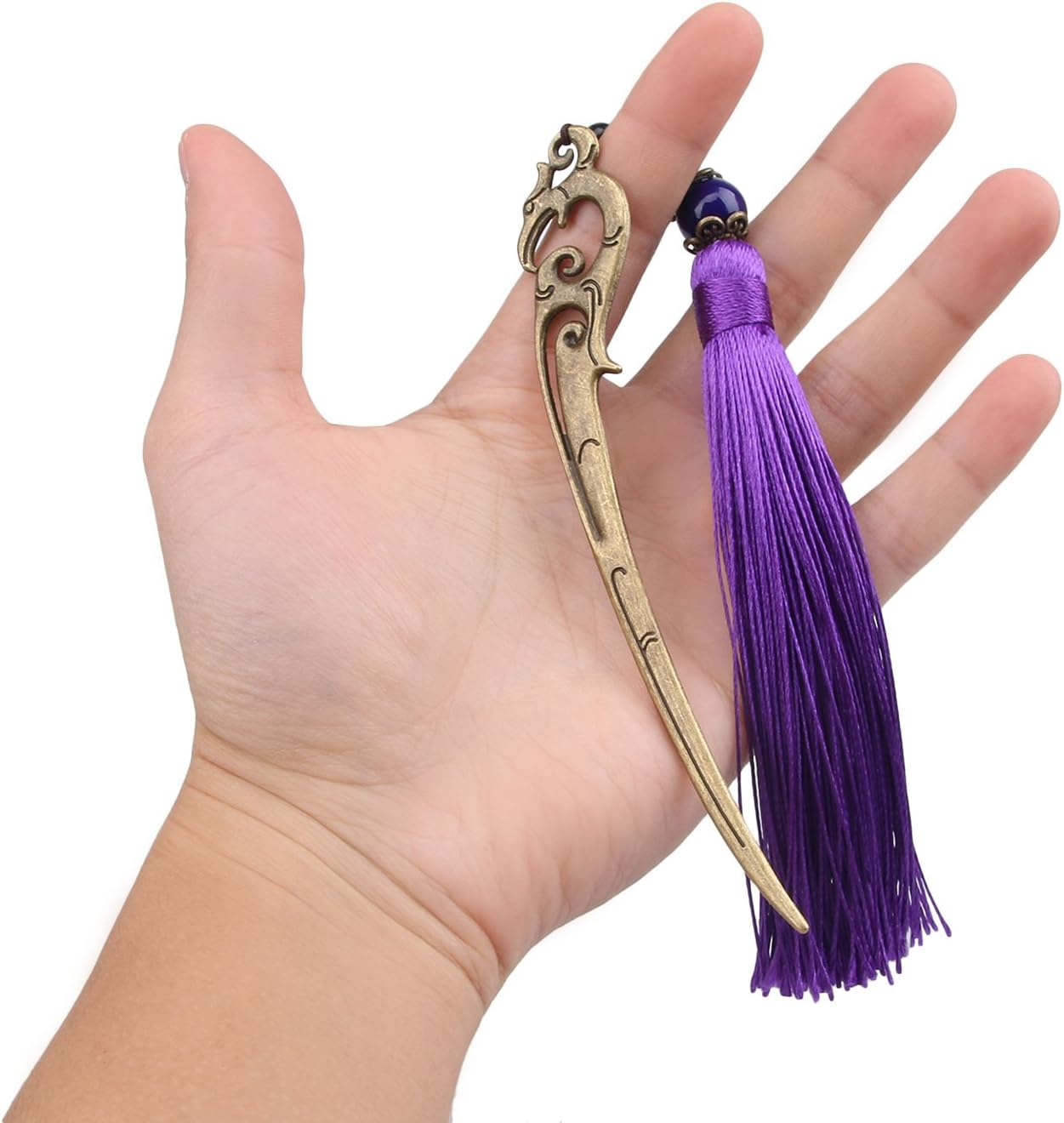 Chinese Metal Bookmarks with Tassel, Vintage Bookmark Unique Classical Ancient Chinese Hairpin Bookmark with Handmade Silky Tassel for Book Lovers Unique Gift - Purple image number 4