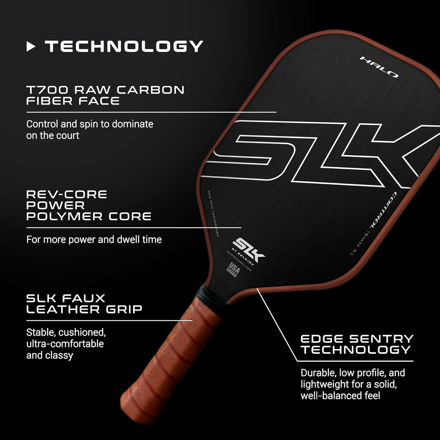 Selkirk SLK Halo Pickleball Paddle | Raw Carbon Fiber Pickleball Paddle with a Rev-Core Power Polymer Core | Pickleball Rackets Made in the USA | the Pickleball Paddle Designed for Ultimate Spin & Consistency