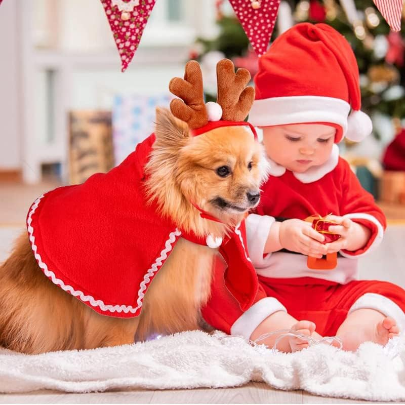 Santa'S Helper Cat & Dog Costume - Reindeer Antlers Headband, Cloak & Accessories for Xmas Party & Christmas Eve Celebrations (S)