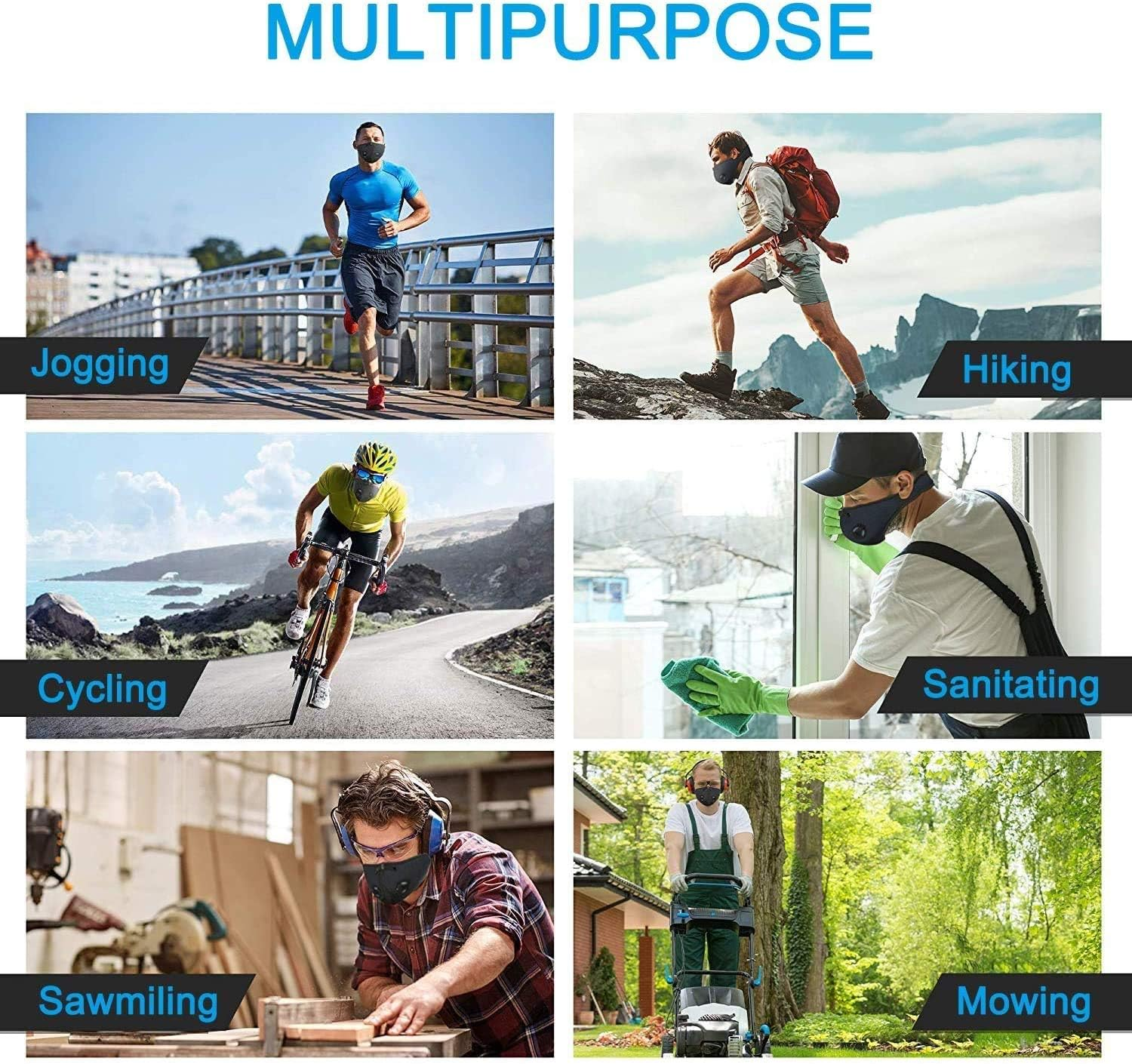 Dust Mask, JIAMO Activated Carbon Dustproof Mask, 2 Pcs Cotton Mask with 4 Extra Carbon Filters for Pollen Allergy Woodworking Mowing Running Cycling Outdoor Activities(Black) image number 1