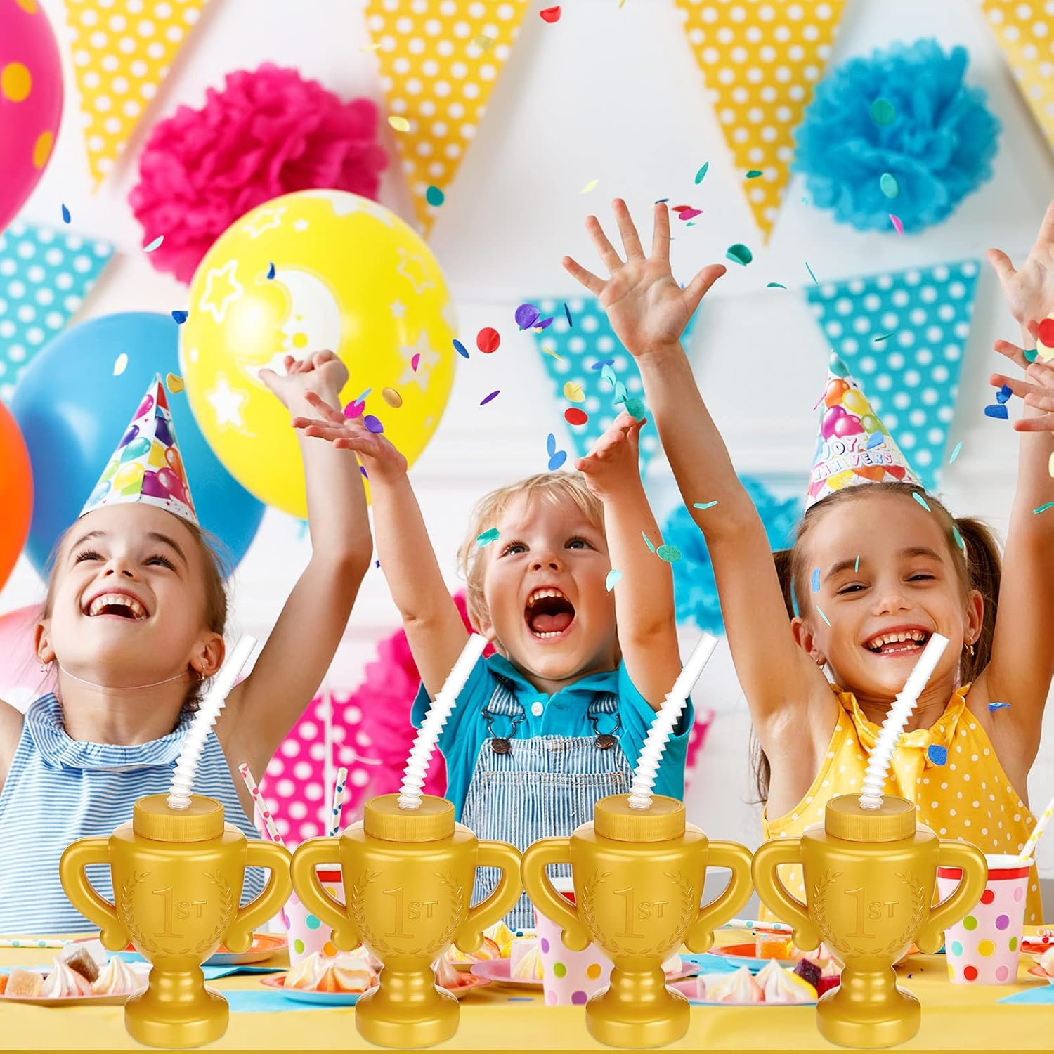 Meanplan 24 Pieces Race Car Trophy Cups with Straws Bulk for Kids 10 Oz Reusable Trophy Cups Golden Race Car Cups Creative Party Cups Bulk for Car Birthday Party Favors Decorations and Supplies image number 3