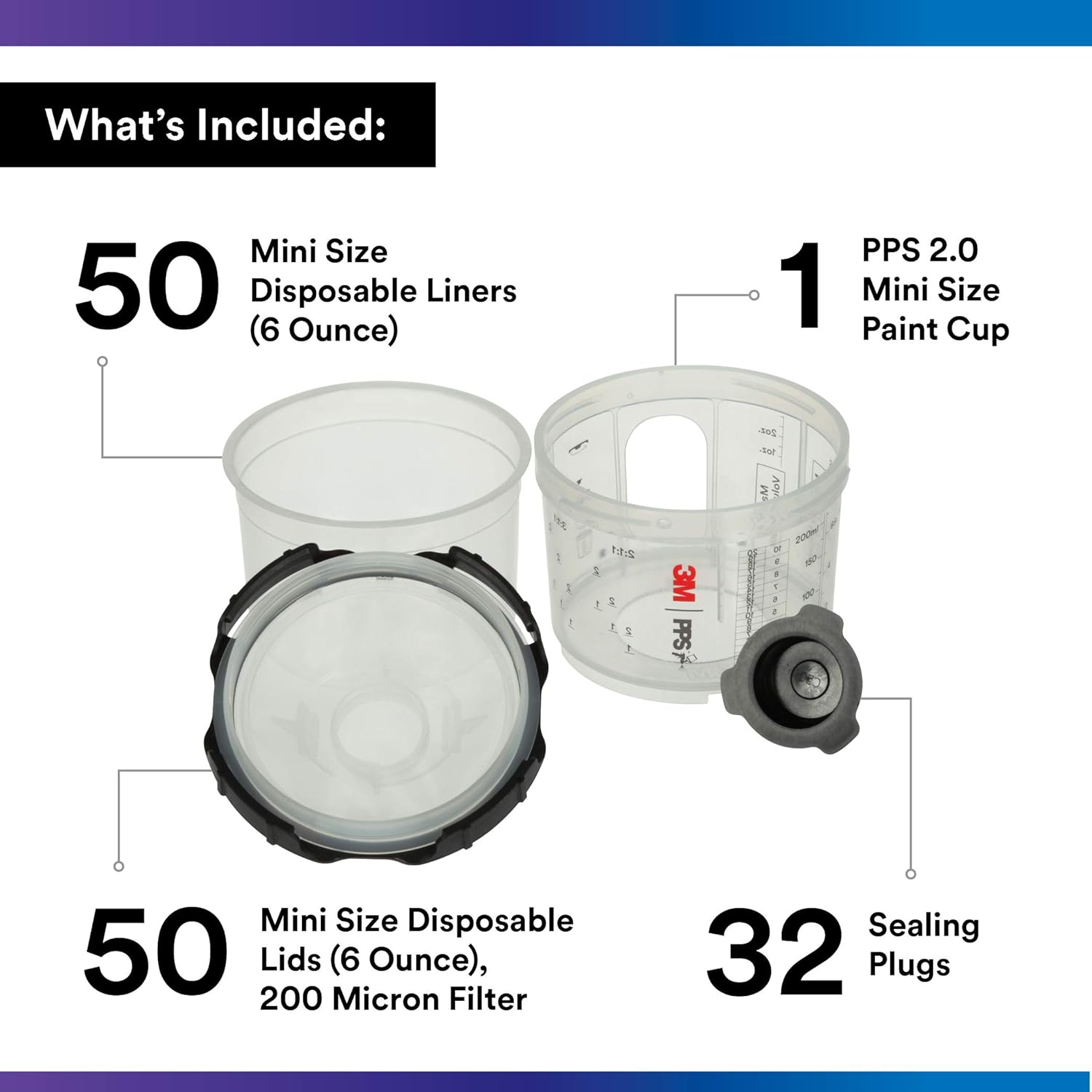 3M PPS 2.0 Spray Gun Cup, Lids and Liners Kit, 26114, Mini, 6 Ounces, 200-Micron Filter, Use for Cars, Furniture, House and More, 1 Paint Cup, 50 Disposable Lids and Liners, 32 Sealing Plugs, White image number 5