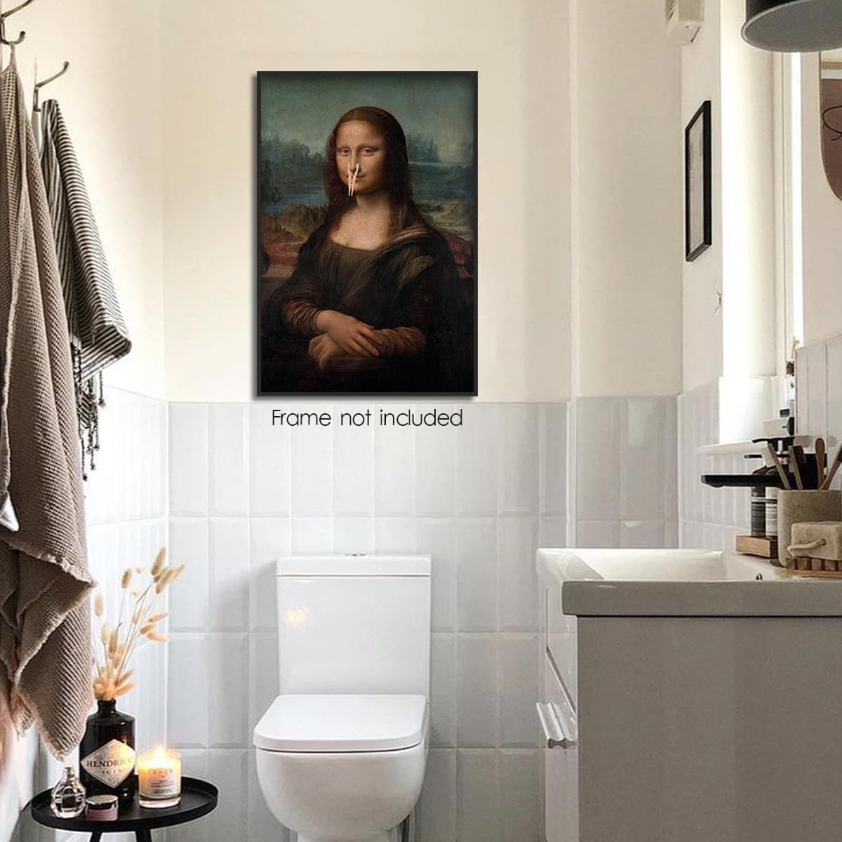 XMJJQQ Classical Mona Lisa Painting Bathroom Canvas Wall Art, Vintage Funny Bathroom Poster, Humor Amusing Toilet Art Prints, Bath Girl Pinching Nose Funny Wall Decor 16X24In Unframed image number 1
