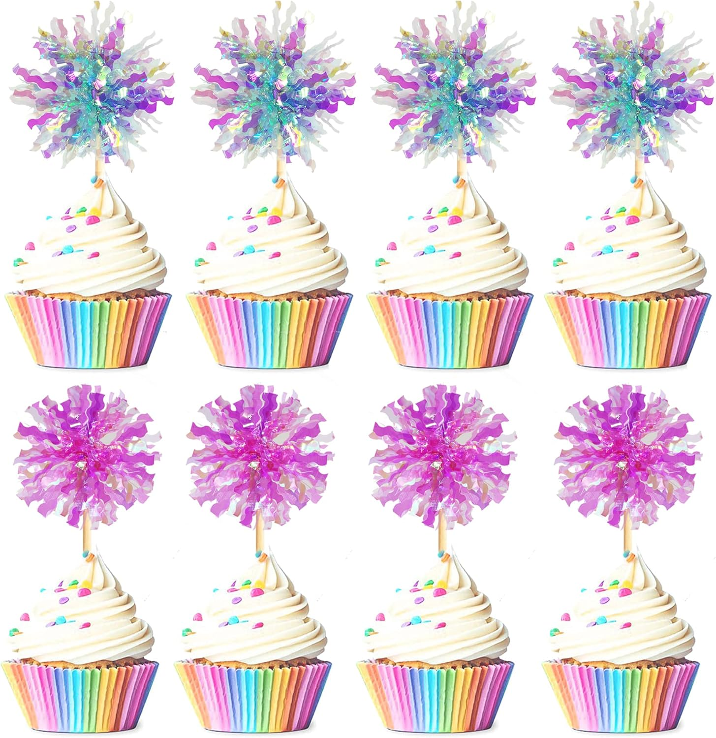 30PCS Foil Firework Cupcake Toppers, Takemay Happy Birthday Rose Cake Toppers, Sparkle Tinsel Flower Drink Stirrers Cocktail Food Fruit Toothpicks for Xmas Party Birthday Wedding Ceremony