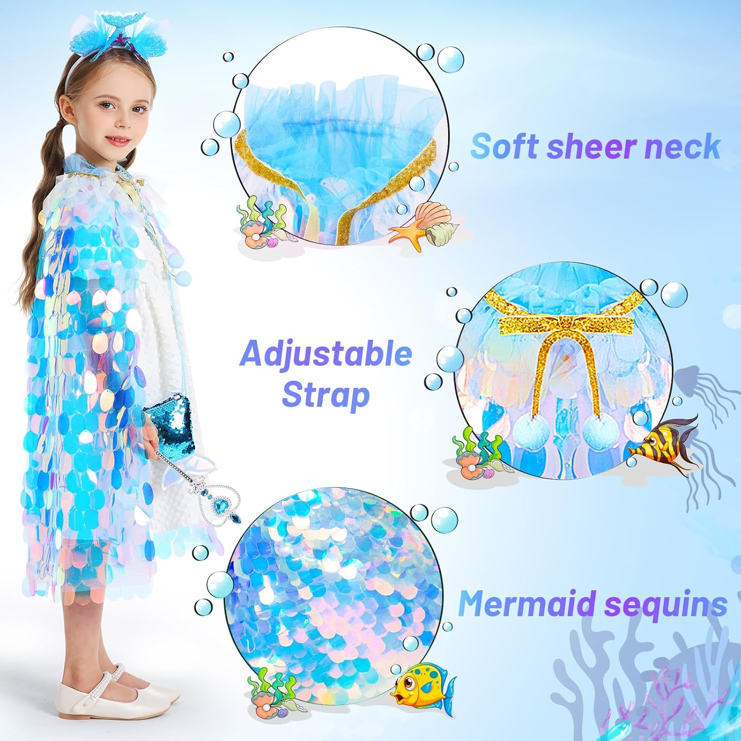Princess Dress up Toys Princess Dress up Clothes Rainbow Mermaid Cape Kit 9 Pcs Gift Set for Little Girls 3-8 Years Old (Blue) - 11 - Cloak Rainbow Purple image number 3