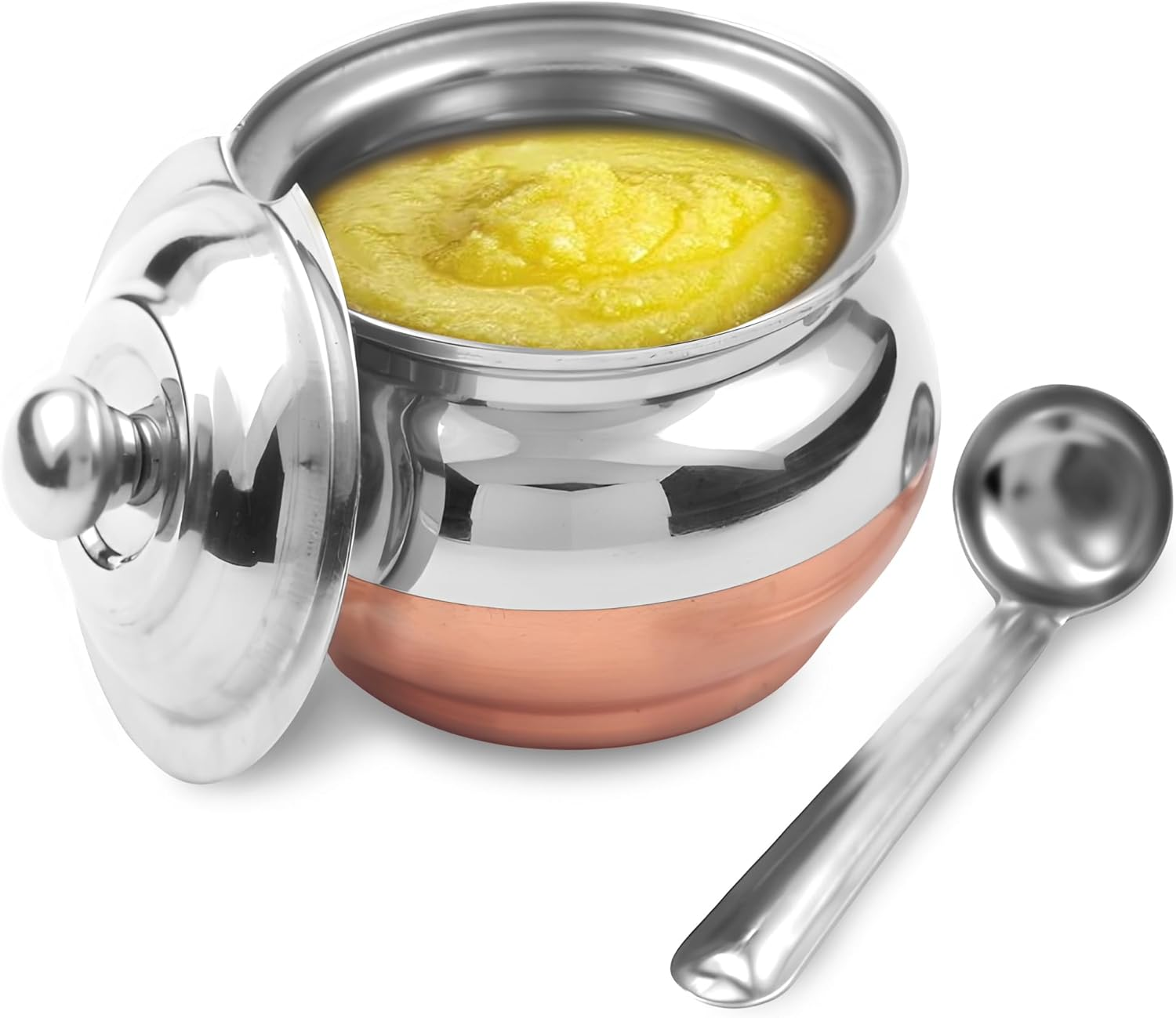 Copper Coated Stainless Steel Ghee Pot with Spoon | Ghee Container for Kitchen | Premium Oil Container with Lid for Pooja Items, 200 ML image number 3