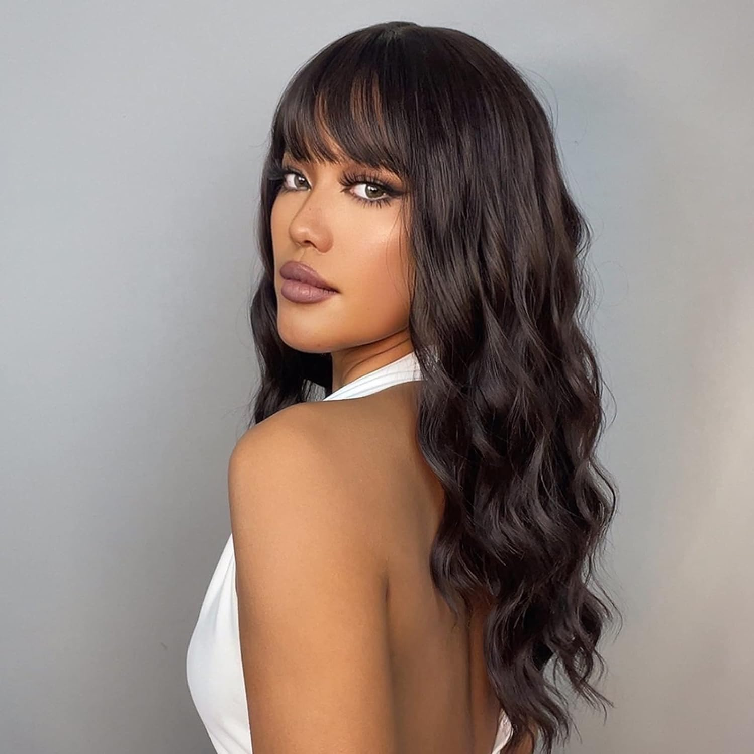 Eacam Long Curling Hair Wigs with Bangs Pastel Wavy Wig Wavy Hair Wig with Hair Net Heat Resistant Synthetic Black Hair Wigs for Women Cosplay Party Daily Use image number 3