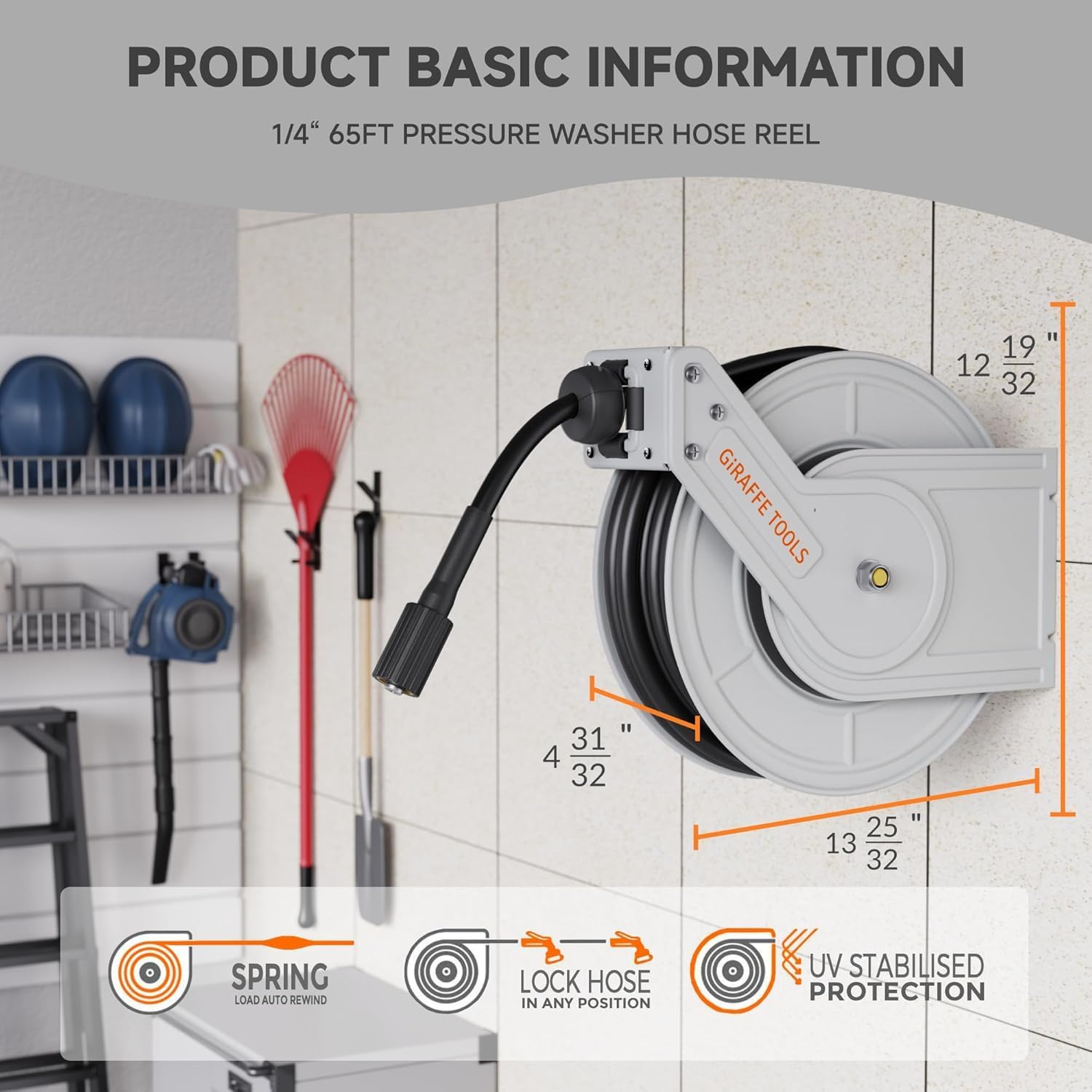 Giraffe Tools Retractable Pressure Washer Hose Reel, 1/4" X 20 M Heavy Duty Power Washer Reel, Any Length Lock, Auto Rewind, Wall Mounted, 3200 PSI image number 4