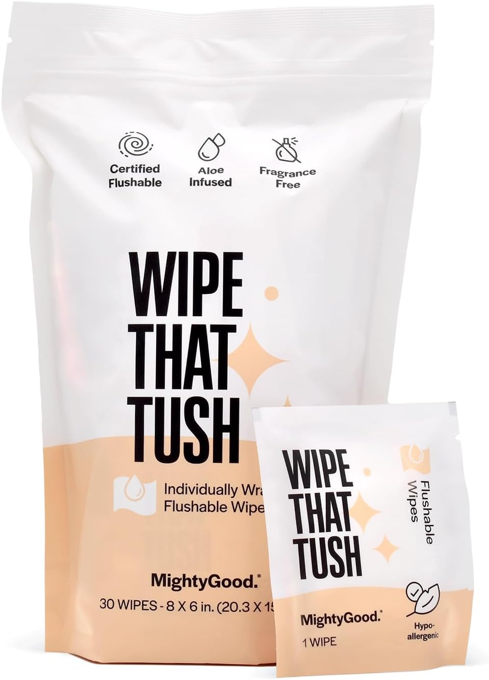 Mightygood. Wipe That Tush Travel Flushable Wipes - 1 Pack of 30 Individually Wrapped Total Hypoallergenic & Fragrance-Free with Aloe Tested Septic-Safe Individual Packs for White image number 6