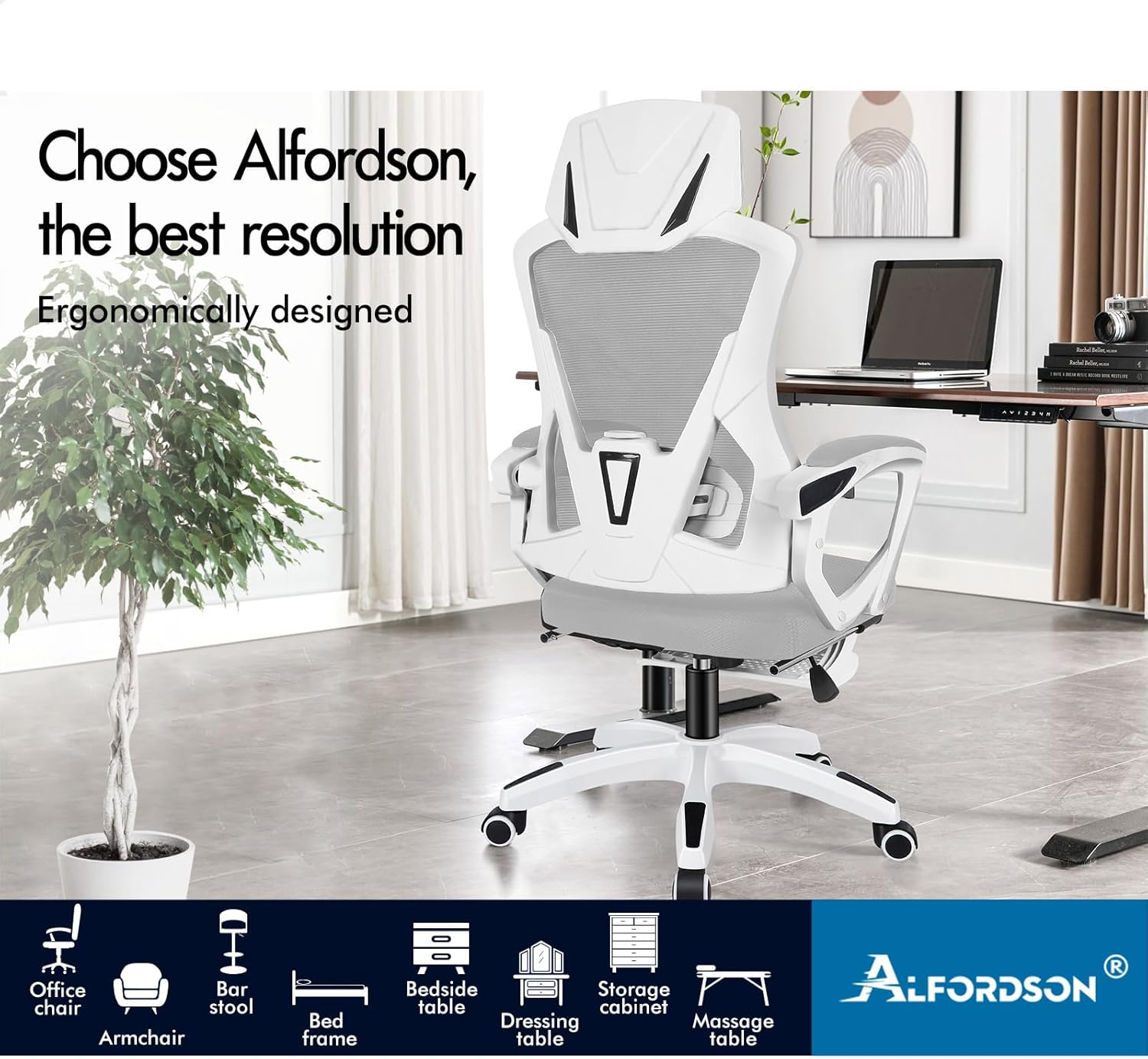 ALFORDSON Ergonomic Mesh Office Chair with Headrest and Footrest, Executive Computer Office Chair with SGS Listed Gas-Lift, Desk Task Gaming Study Student Chair for Max 180Kg, Nova White Grey - White Black image number 4