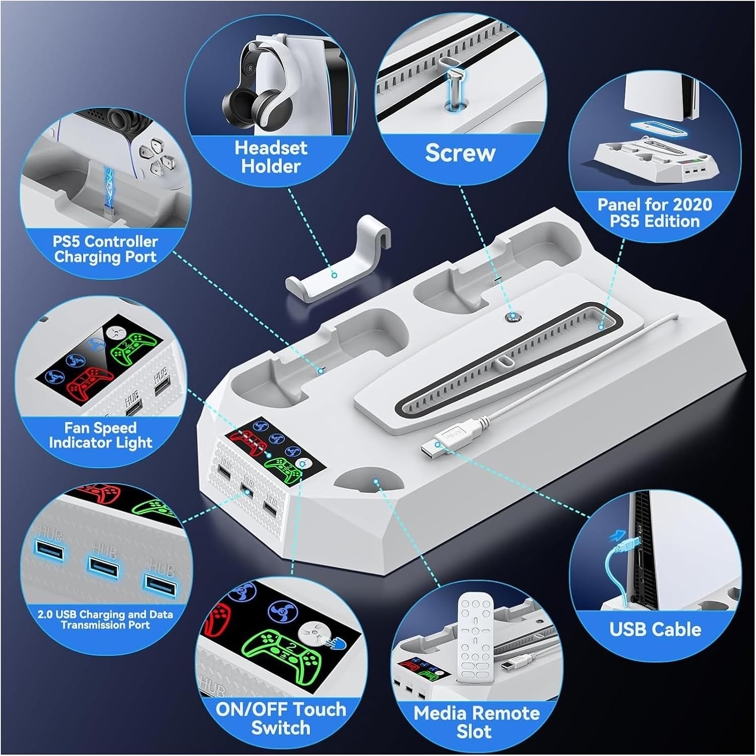 Cooling Stand for PS5/PS5 Slim, Charging Station for Playstation 5 Console, Dual Controller Charger, Turbofan with 3-Level Adjustable Cooling, 3 USB Hubs & Headset Holder (White) image number 3
