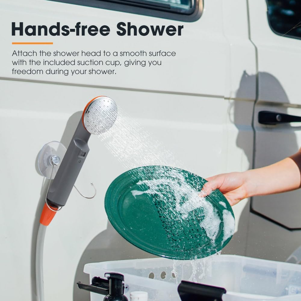 San Hima Portable Camping Shower with Rechargeable Lithium Battery with Two Changeable Showerhead, 2.5-3.5L/Min Lightweight Easy Operation Shower with Pump & Mesh Filter for Outdoor Camping image number 2