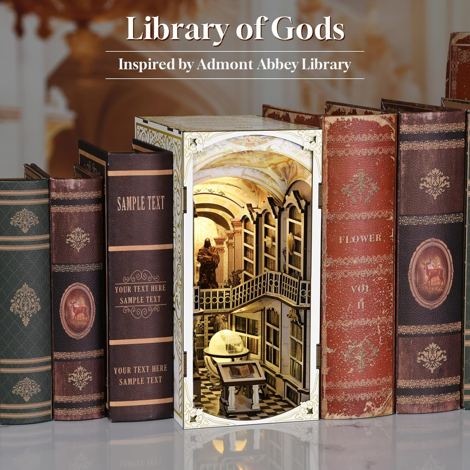 Book Nook Kit, DIY Miniature Dollhouse Booknook Kit, 3D Wooden Puzzle Bookend Bookshelf Insert Decor with LED Light for Teens and Adults (Library of Gods) image number 2