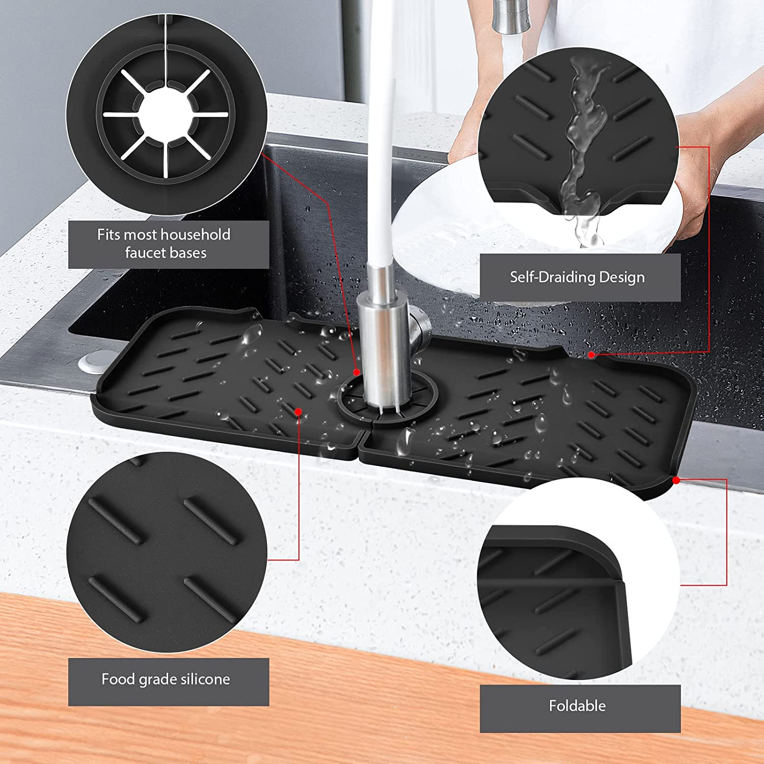 Silicone Faucet Mat for Kitchen, Sink Splash Guard, Bathroom Faucet Water Catcher Mat, Sink Draining Pad behind Faucet, VENMATE Keep Drying Kitchen Accessories (2PCSBLACK) image number 3