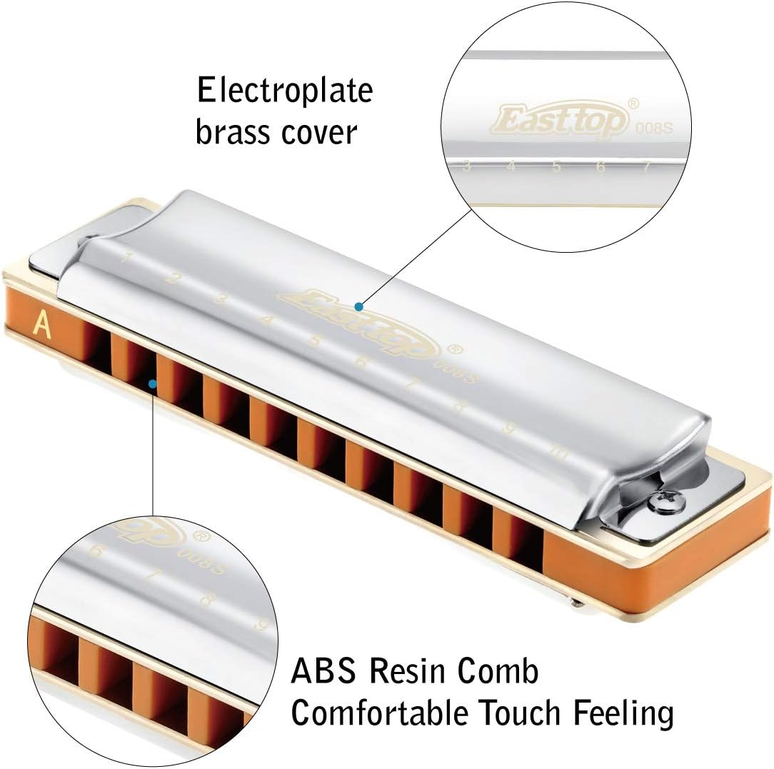 East Top Harmonica, 10-Hole 20 Tones Professional Diatonic Blues Harmonica Key of a with Silver Cover Probgrade Harmonicas for Professionals, Beginner, Students, Adults and Kids, as Best Gift image number 3