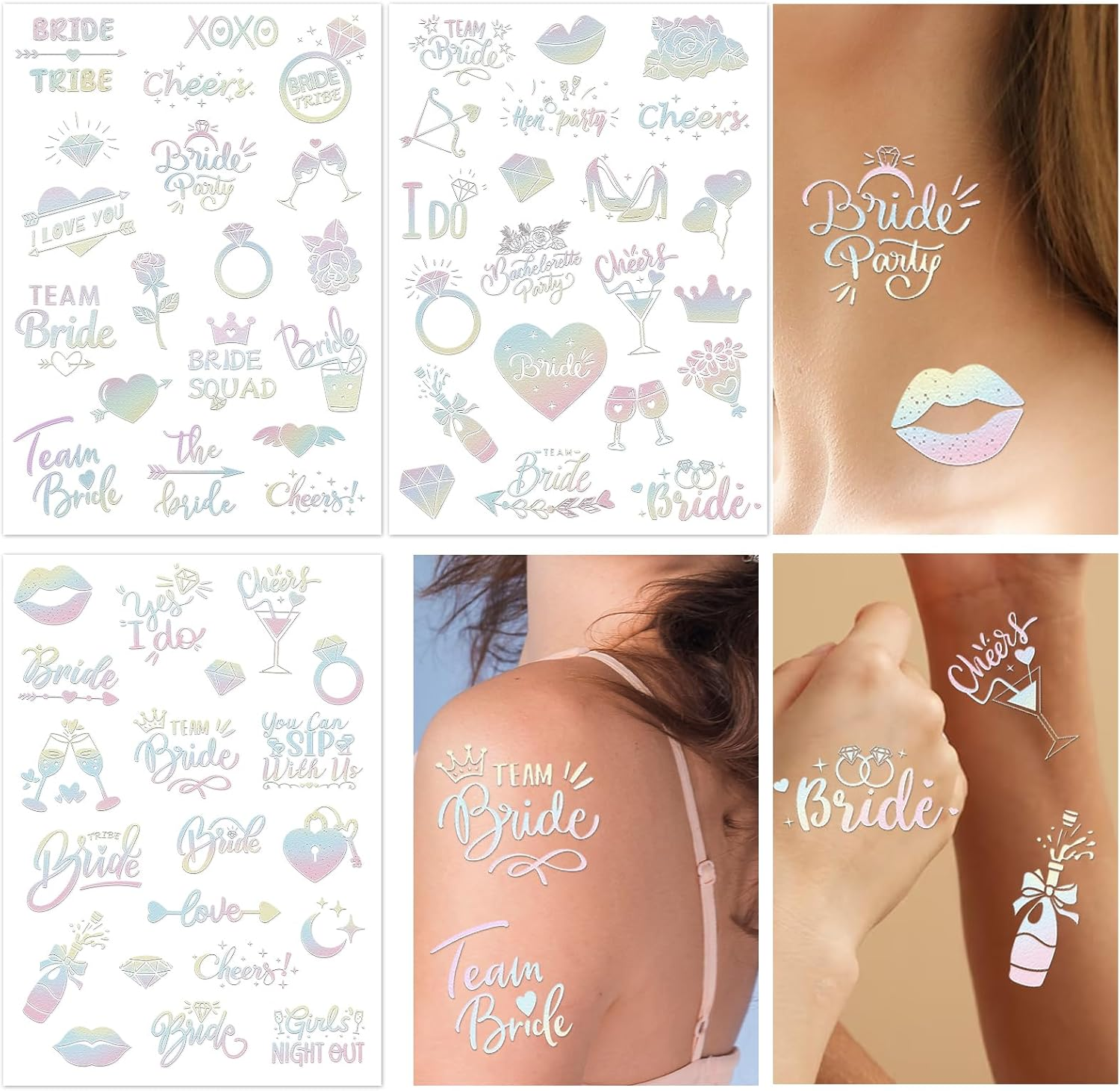 Cheers Bachelorette Temporary Tattoos, 60 Styles Bride Glitter Temporary Tattoos, Bachelorette Party Decorations, Bridesmaid Favor + Bride to Be + Diamonds, Fake Tattoos image number 4