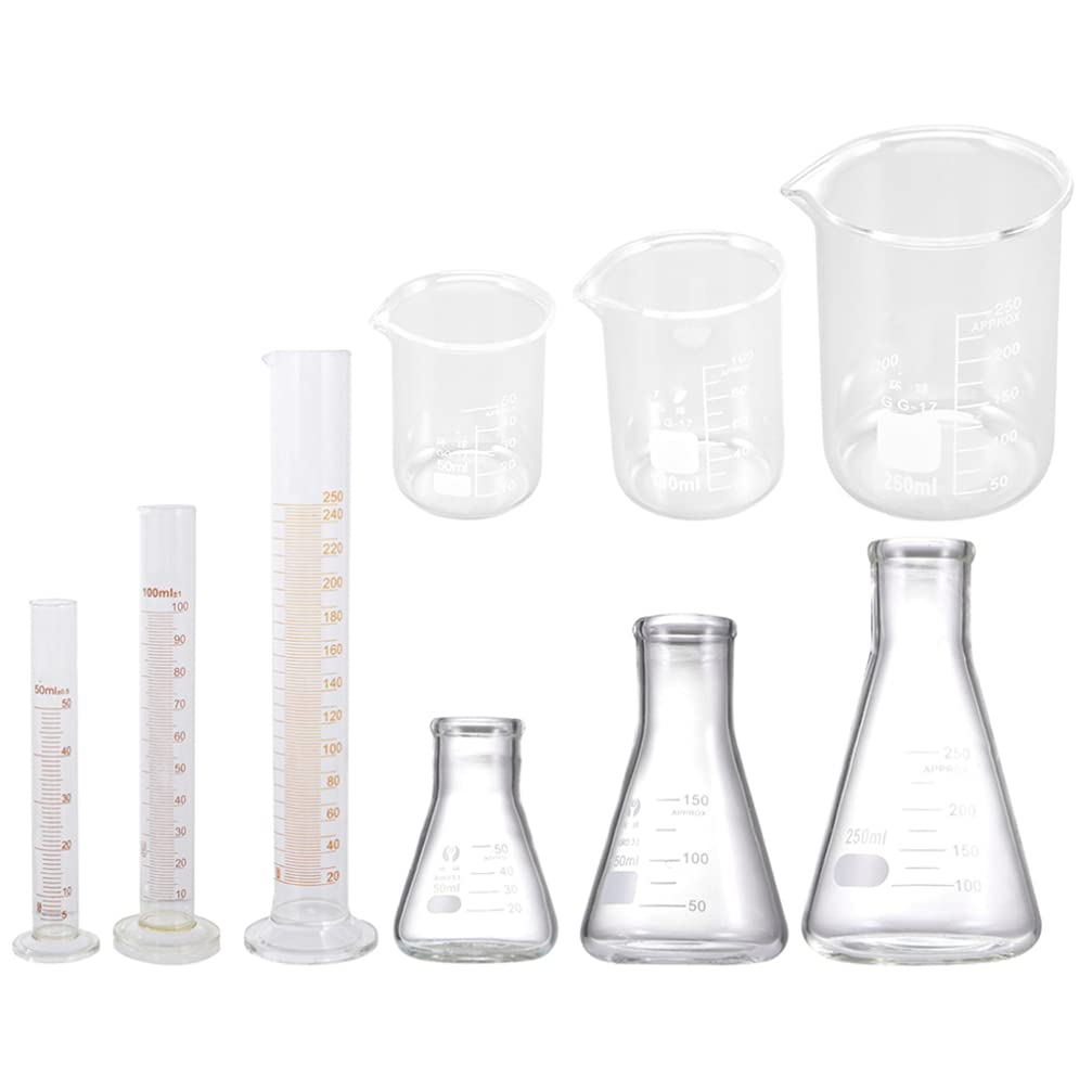 POPETPOP 9Pcs Beaker Flask Cylinder Set Scientific Glass Flask Graduated Cylinders Clear Measuring Beakers for Laboratory Supplies 50ML 100ML 250ML image number 6
