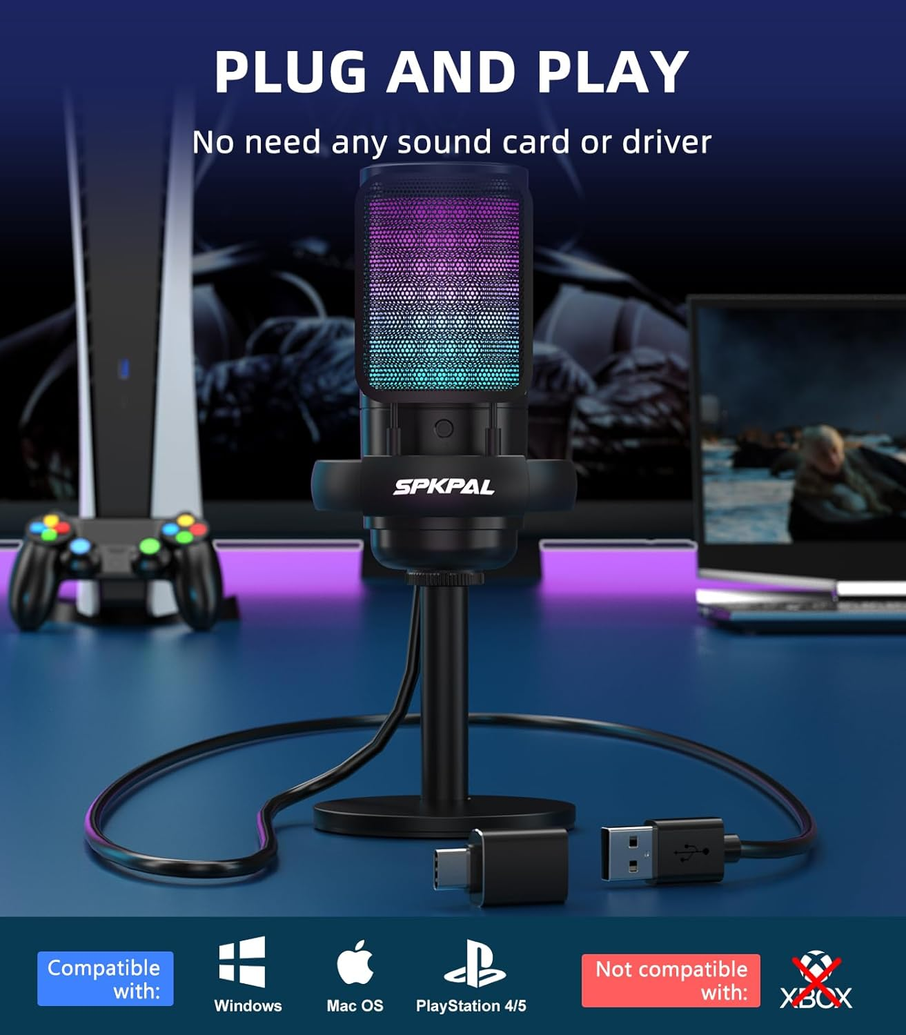SPKPAL USB Microphone PC, RGB Gaming Mic with Mute Button, Condenser Microphone with Gain Knob & Monitoring Jack for Recording, Streaming, Podcasting