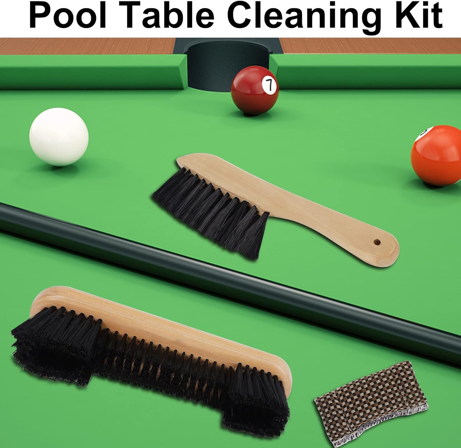 Set of 4 Pool Table Brush, Pool Table Accessories Billiards Table Brush Rail Brush, Cue Shaft Cleaner Cloth and Billiard Cue Chalk, Billiards Pool Table Cleaning Tools image number 2