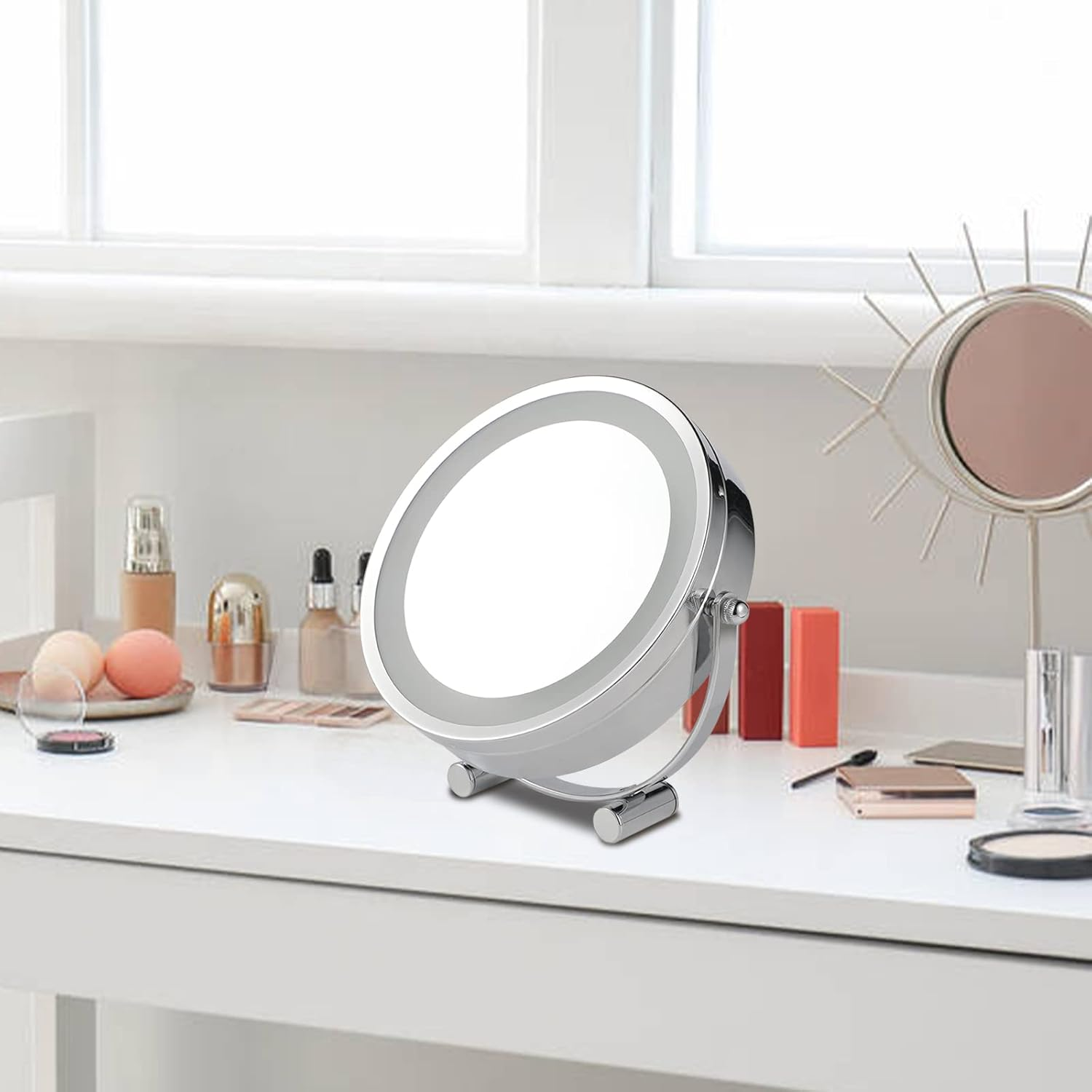 Clevinger round Vanity Mirror, 1X/3X Magnification Double-Sided LED Bedroom Makeup Mirror with Lights, Portable Lighted Tabletop Mirror, Table Desk Counter Top Mirror Bathroom Shaving Mirror image number 1