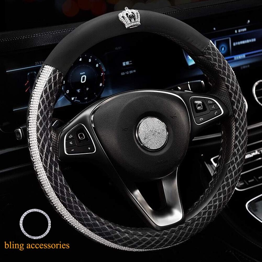Leather Car Seat Belt Cover Shoulder Seatbelt Pad Handbrake Cover Gear Shift Cover with Bling Rhinestones Crown Car Accessories(4 Pcs)