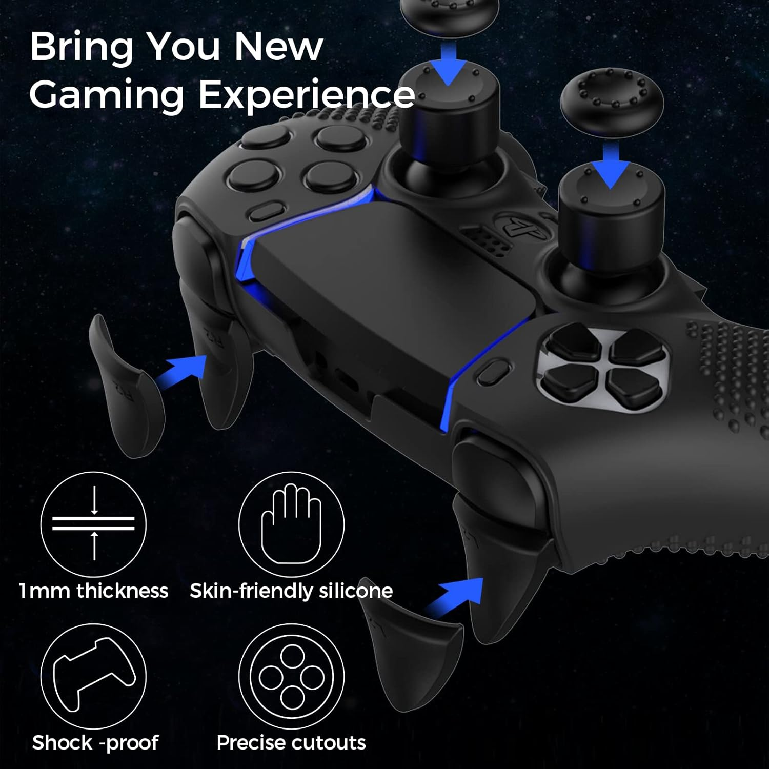 Anti-Slip Cover for PS5 Dualsense Controller, Accessories Including Cover for Dualsense Edge, Thumb Caps, Triggers Extenders, and Touchpad Sticker image number 4