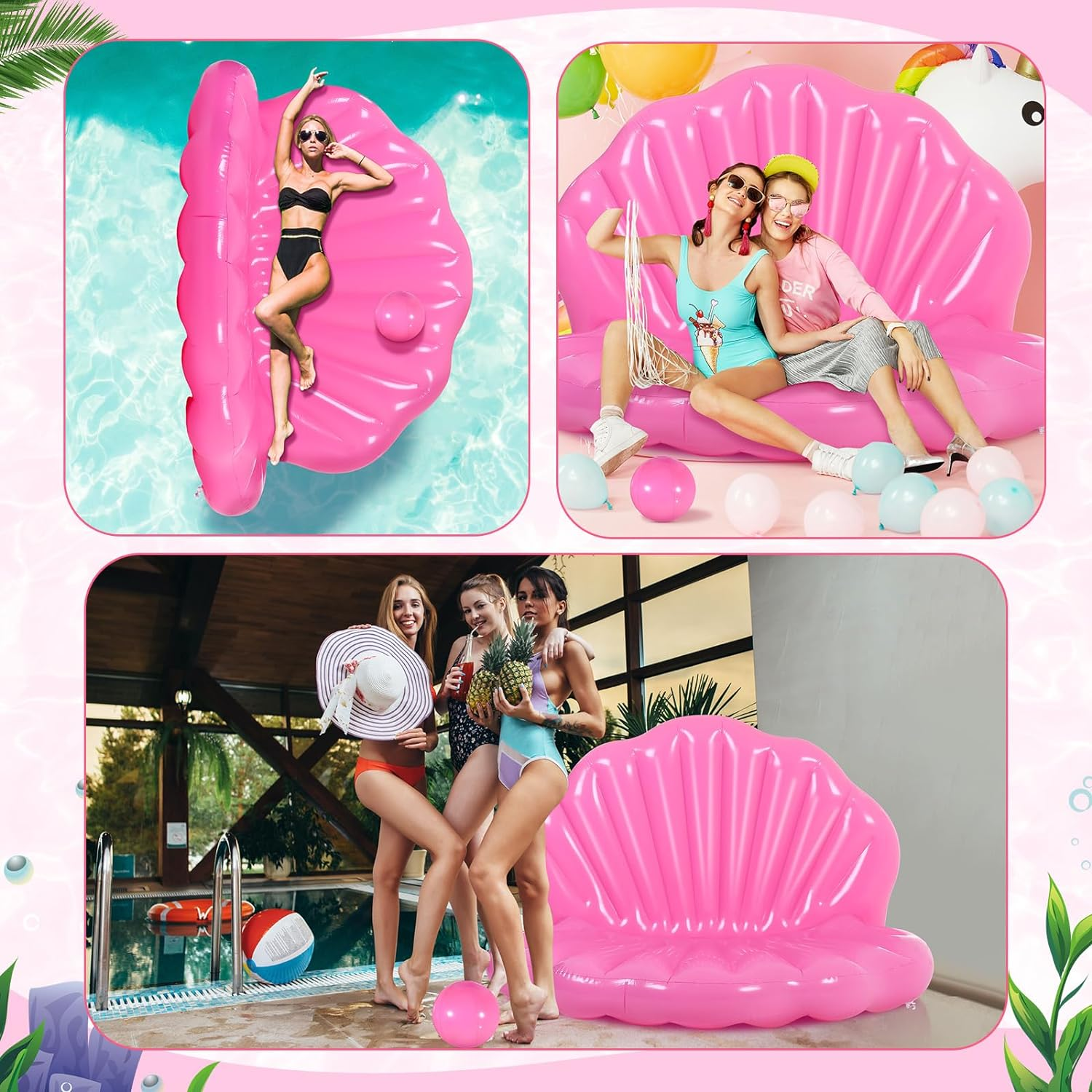 Shinyrelief Inflatable Seashell Pool Float 67 Inch Giant Clam Air Filled Toy with Pearl Ball Shell Floating Ride on Raft Chair for Adult Birthday Bachelorette Swimming Summer Beach Party image number 2