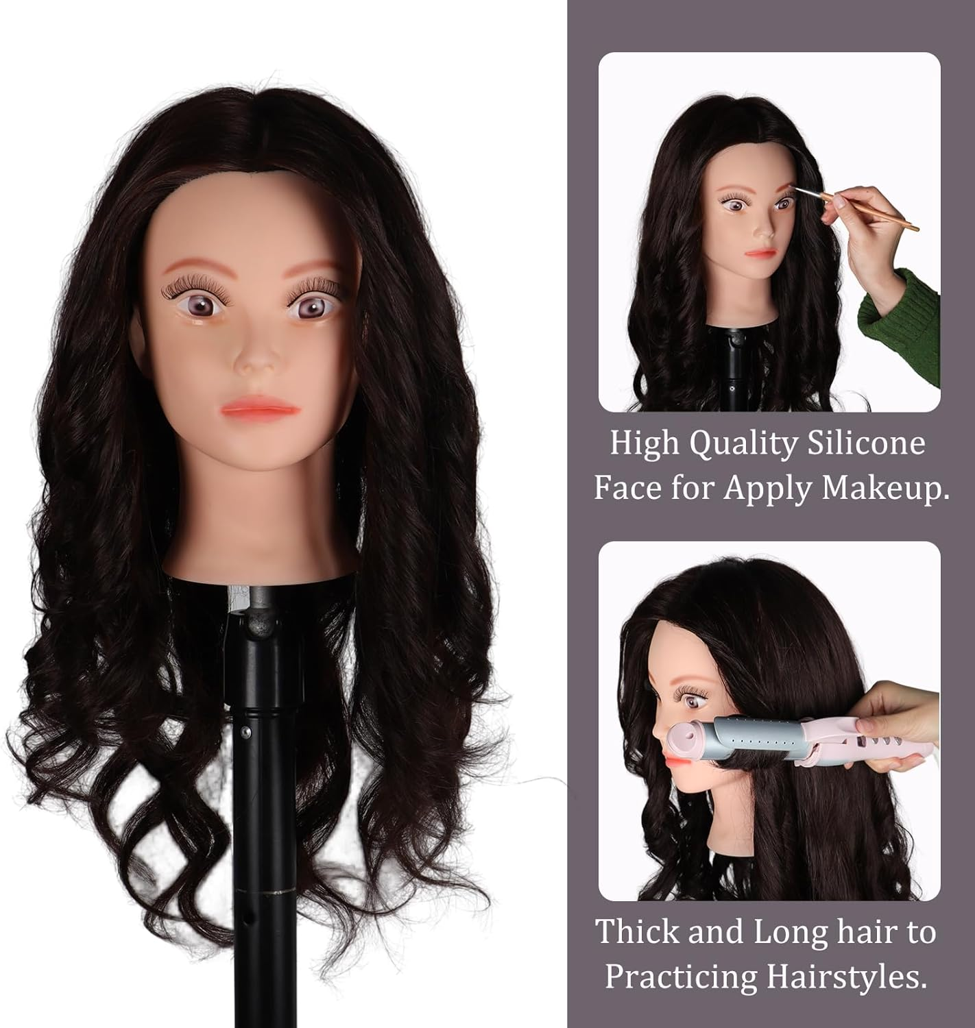 Hair Styling Training Head, 23" Dark Brown Cosmetology Mannequin Head Hairdressing Manikin Doll Head with Clamp & Styling Tools (Brown without Makeup) - Brown Without Makeup image number 4
