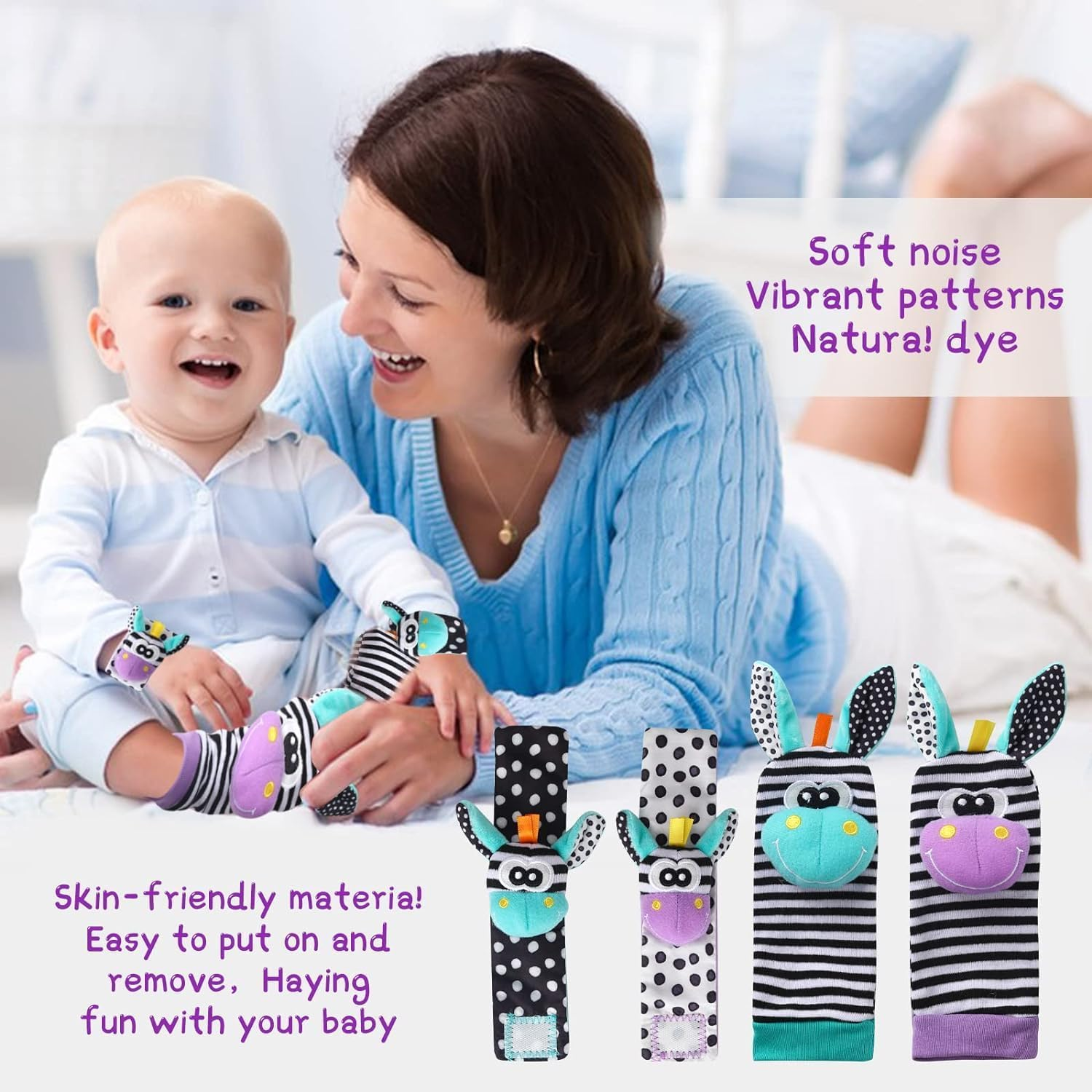4Pcs Baby Rattle Toys, Baby Foot Finder Sock Wrist & Ankle Rattles Toys Newborn Sensory Toys Rattle Socks Hand & Feet Rattles Toys Bebe Wristband Rattle Strap for 0-12 Months Infant Gift Toys
