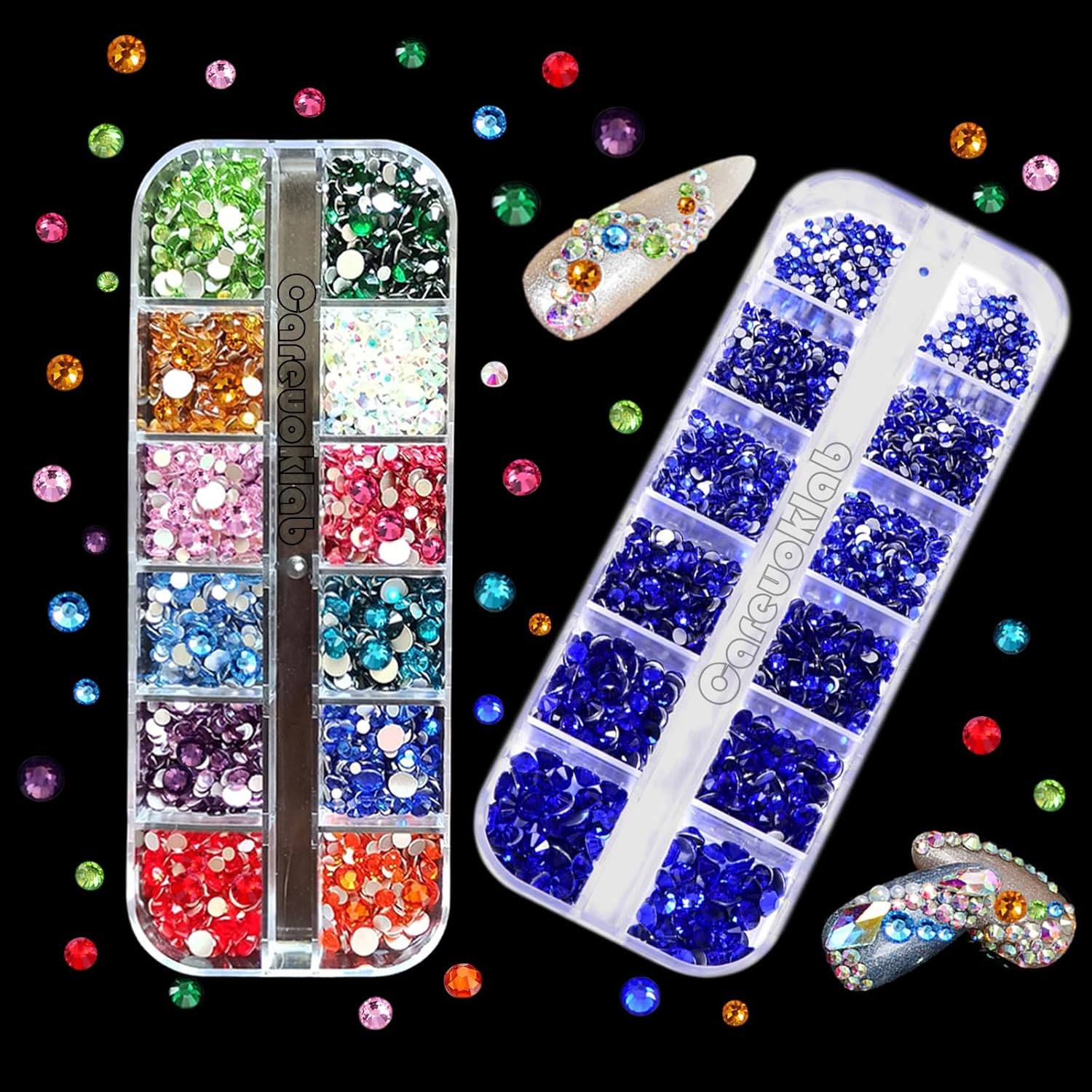 2 Boxes Colorful Glass Crystals of Flatback Rhinestones, Multi Sizes 3D Nail Art Gems Stones for Nails Crafts and DIY Decoration (Multicolor + Crystal AB)