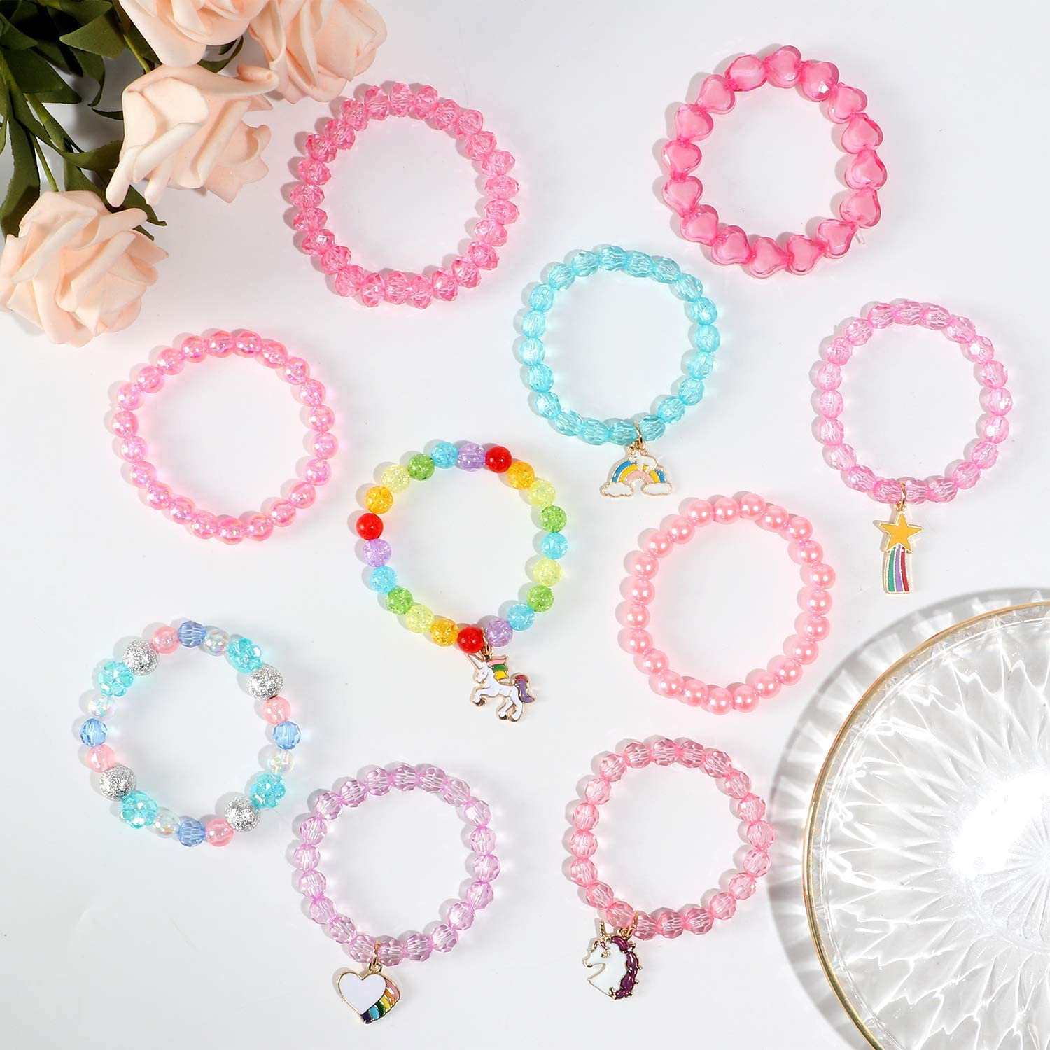 G.C 10 PCS Girls Kids Rainbow Beaded Bracelet with Cute Unicorn Rainbow Heart Star Pendant Stretchy Costume Jewelry Set Gift Play Party Favors Friendship Bracelets Jewelry for Baby Toddler Little Girl