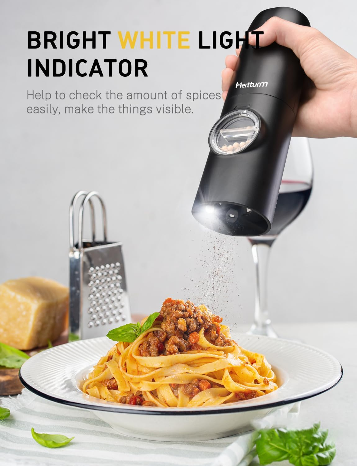 MERTTURM Rechargeable Electric Pepper Grinder, Automatic Pepper Salt Mill with LED White Light, One Hand Operation, Coarseness Adjustable, Refillable and Portable for Kitchen, Restaurant, Camping BBQ image number 6