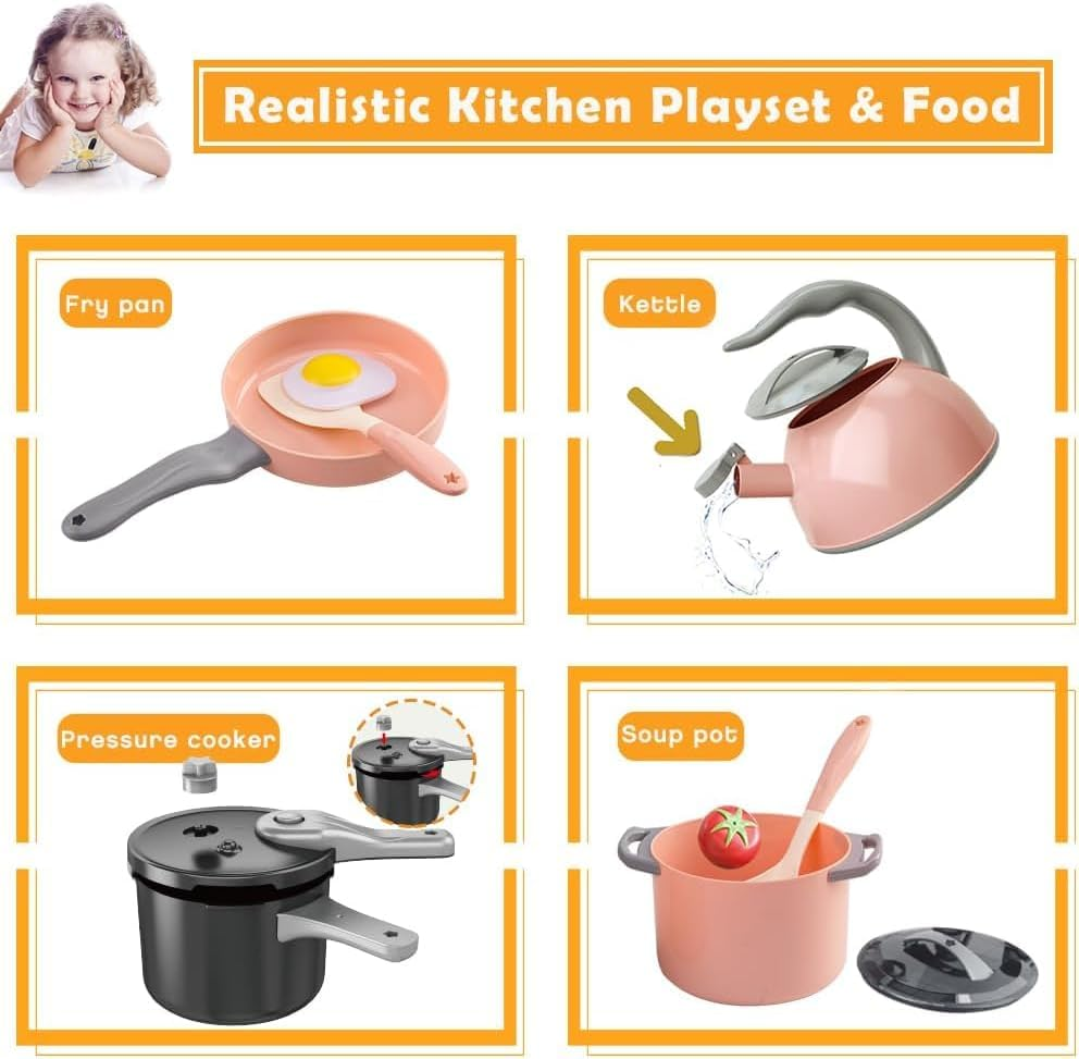 32Pcs Kids Kitchen Toy Accessories, Toddler Pretend Cooking Playset with Play Pots and Pans, Utensils Cookware Toys, Play Food Set, Canned Toy Vegetables,Toddlers Boys Girls Birthday Gift（Pink) image number 1