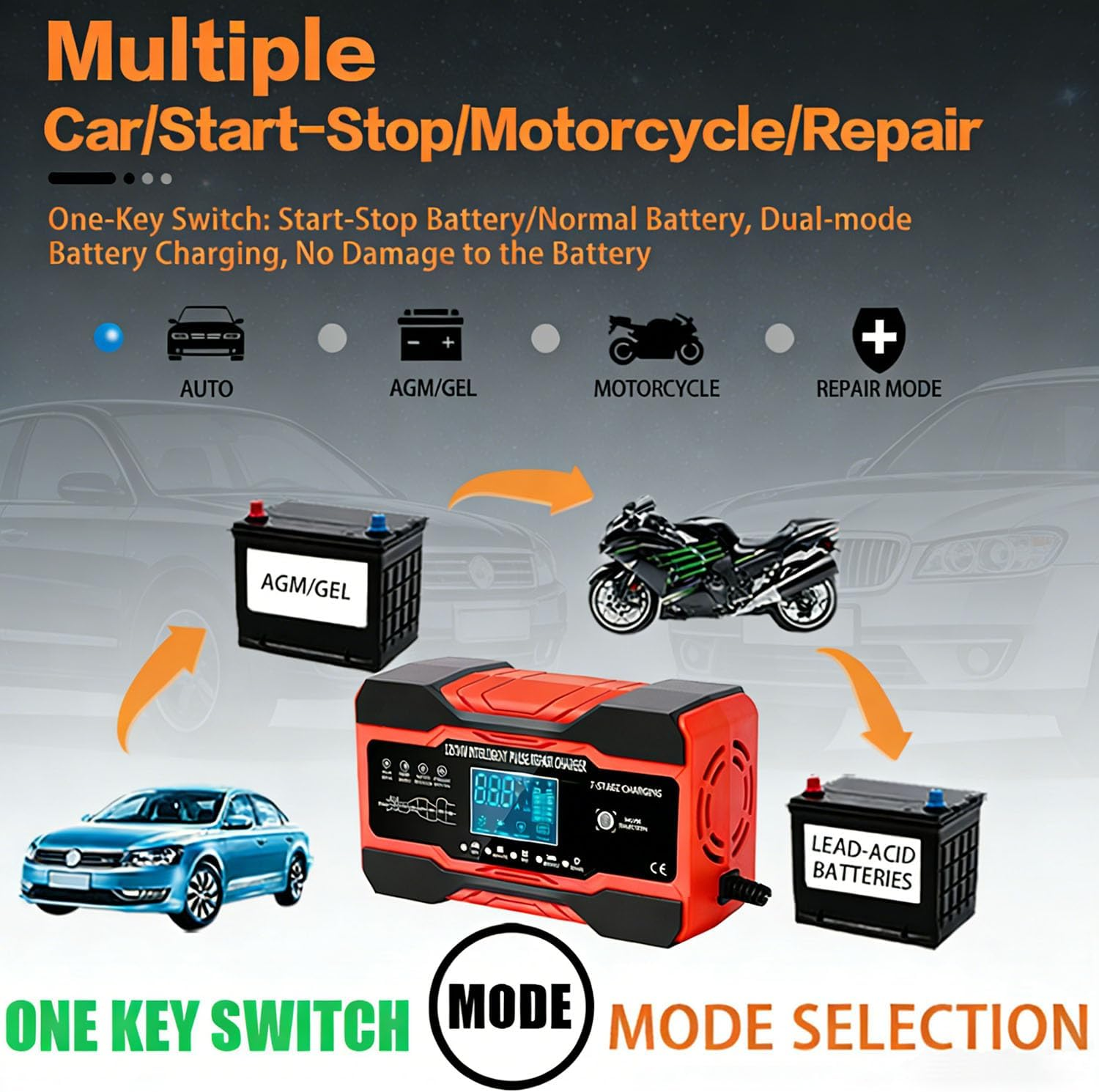10A Battery Charger, 12V/24V Automatic Charger with 7-Stage Charging, LCD Screen, for AGM, WET & GEL Lead Acid Batteries image number 4