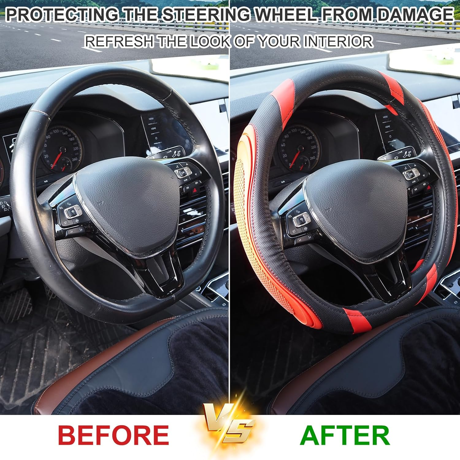 Nappa Leather Car Steering Wheel Cover, anti Slip, Thin, Breathable, Odor-Free, Universal 14.5-15 Inches Fit, Car Steering Wheel Cover Full Surround Aeecssories (Red-Microfiber Leather)