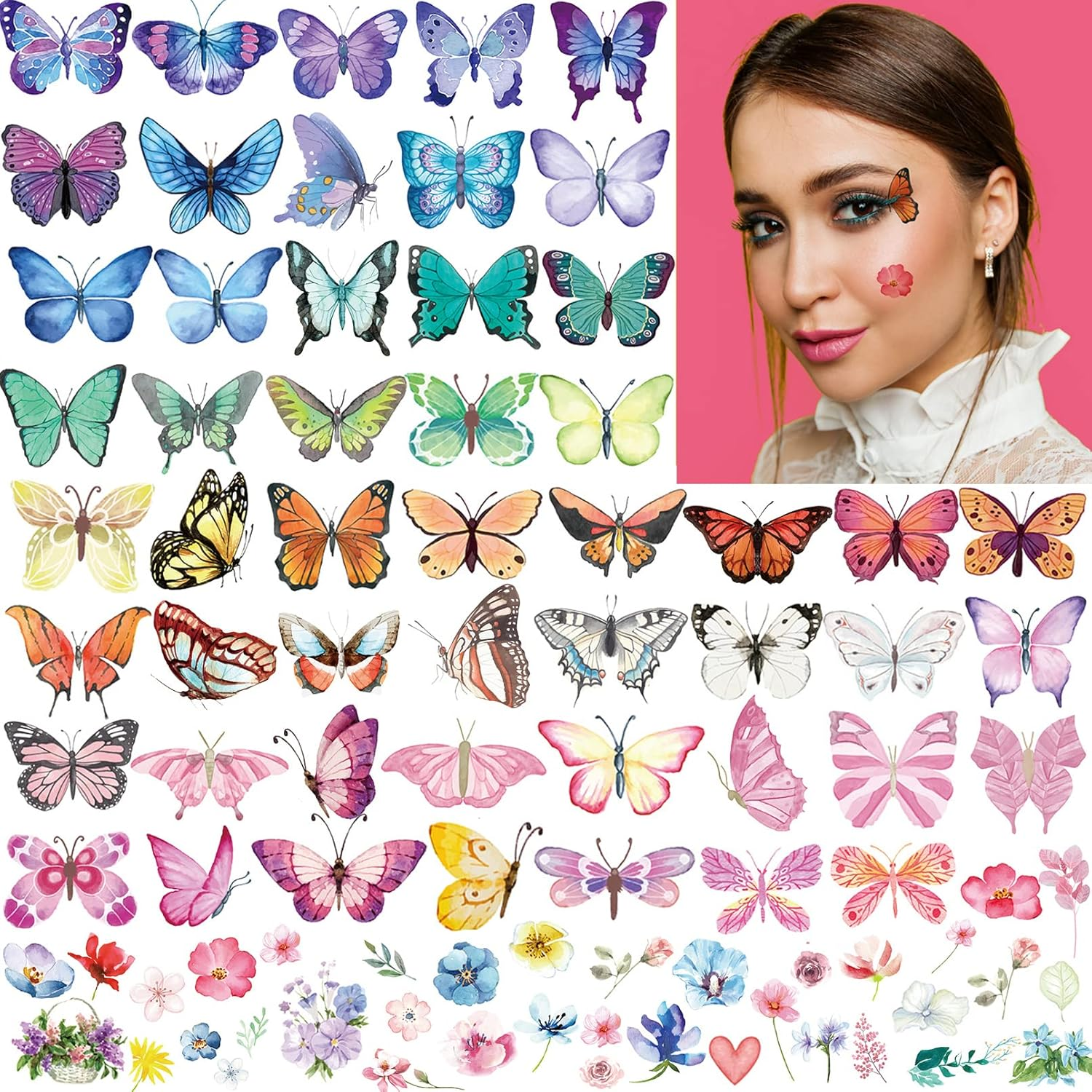 100Pcs Butterfly Temporary Tattoos for Kids Women Girls, Fake Colorful Butterflies Wings Flower Tattoo Stickers Art Waterproof for Face Body Arm Birthday Party Favors Makeup Supplies Gifts image number 1