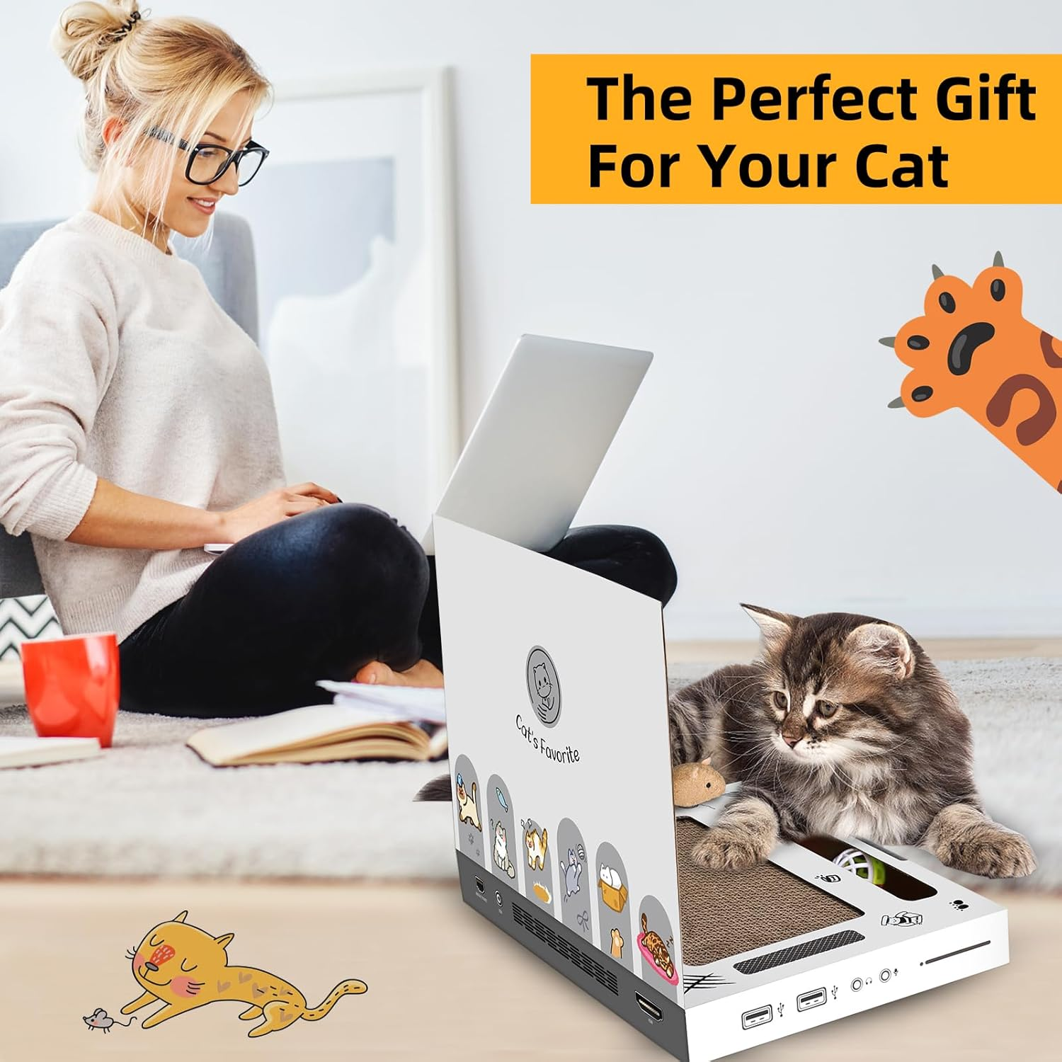 Cat Scratcher,Laptop Board with Furry Mouse Toy Mouse, Game Console Computer Shape, Interactive Cat Toys, Creative Cat Scratching Board, Wear-Resistant Foldable Cat Scratching Board image number 1