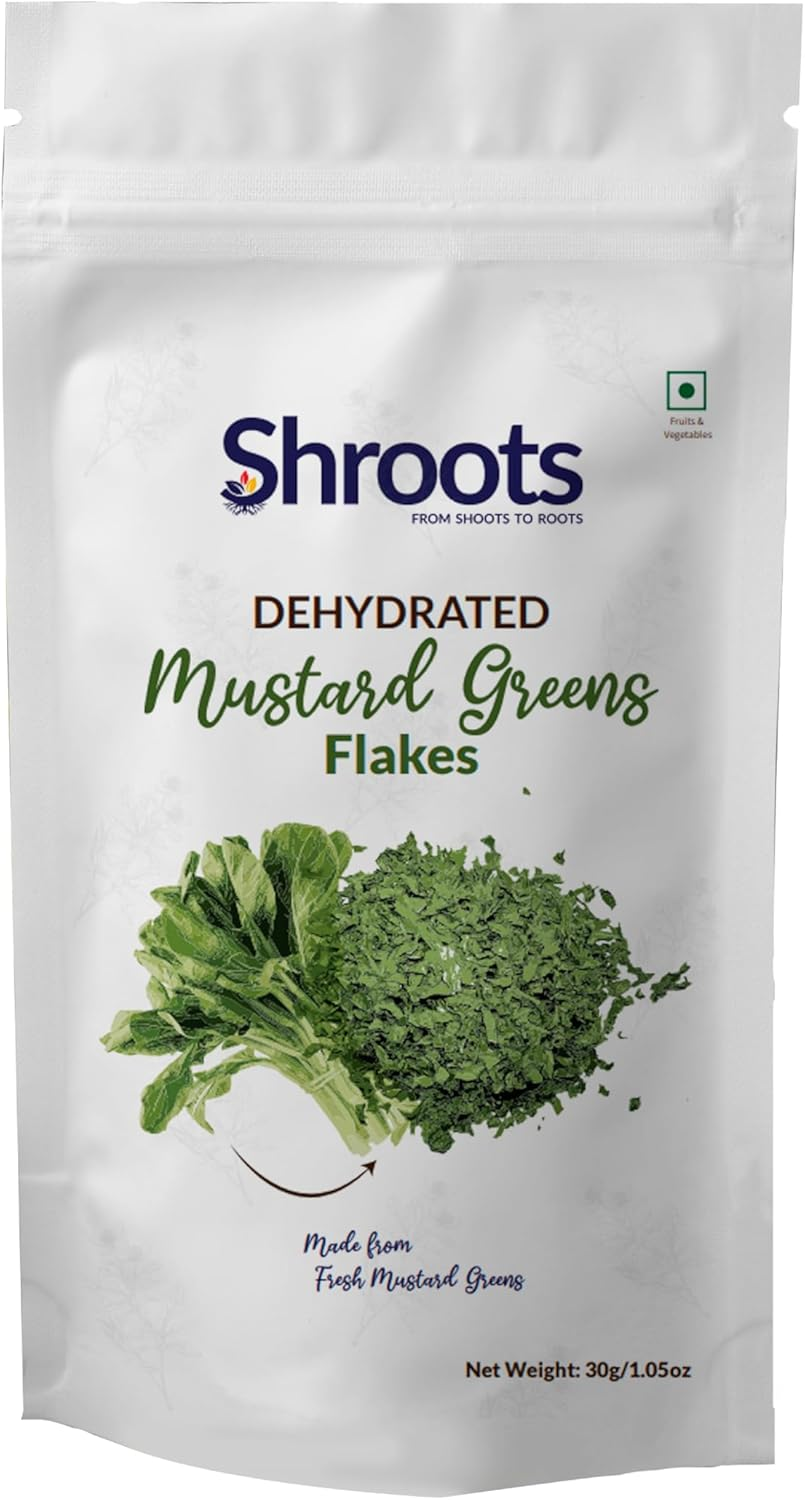 SHROOTS Dehydrated Mustard Green Leaves (Sarso) Flakes Pure Vegetarian Gluten-Free No Added Salt Easy Cooking Machine Dried Vegetables with Natural Aroma Ideal for Everyday Meals 1.06 Oz, Pack of 1