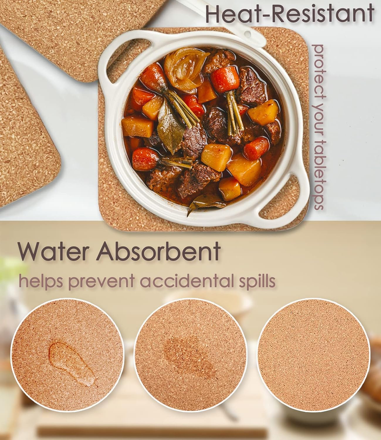 Cork Trivet, 4 Pcs High Density Thick Square Cork Trivets for Hot Dishes, 8 Inch Heat Resistant Multifunctional Cork Coaster, Cork Hot Pads for Table & Countertop KTLBCT16