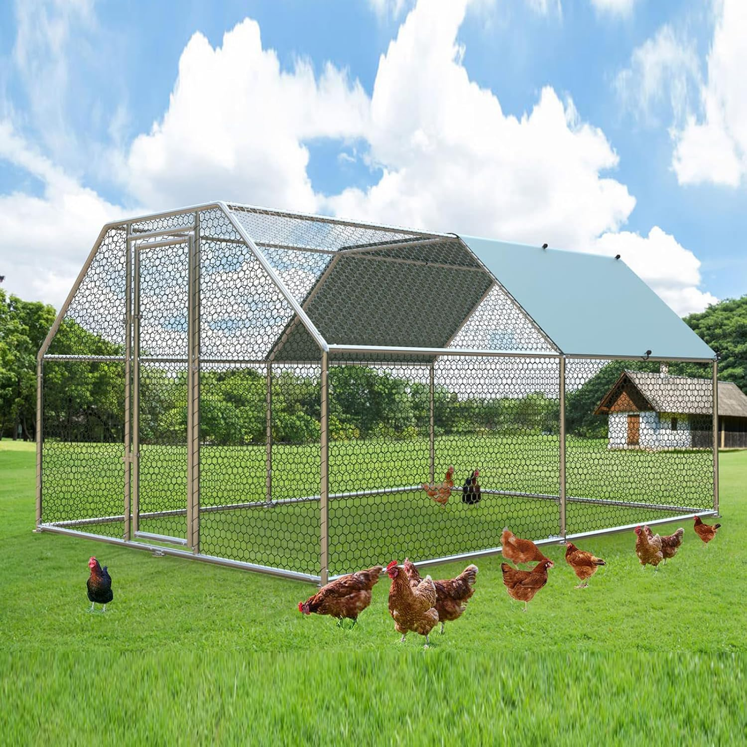 Chicken Coop Large Rabbit Hutch Pet Cage, 2X4X2M, Walk in Poultry House Coops Hen Run Ferret Habitat Farm Enclosure, Galvanised Steel with Roof Cloth image number 4