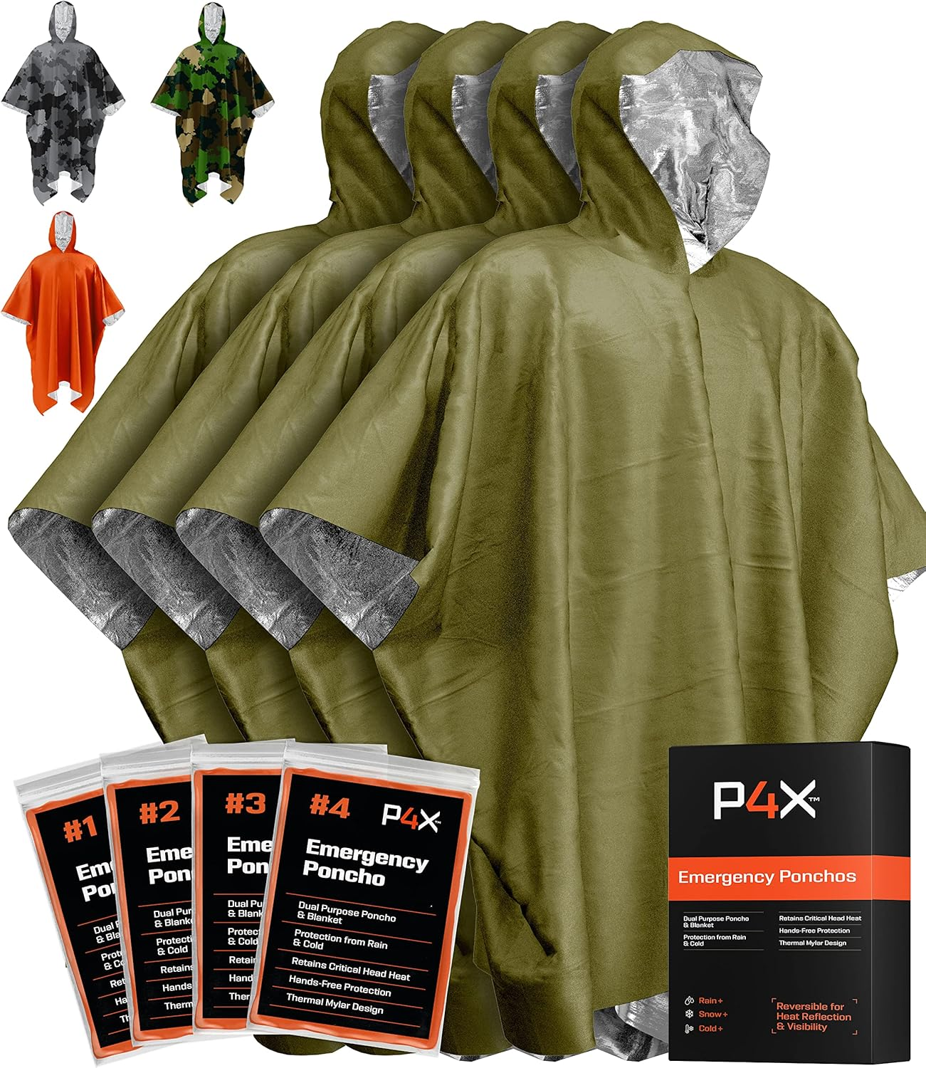 PREPARED4X Emergency Rain Poncho with Mylar Blanket Liner - Survival Blankets for Car - Heavy Duty, Waterproof Camping Gear, Tactical Prepper Supplies&ndash;