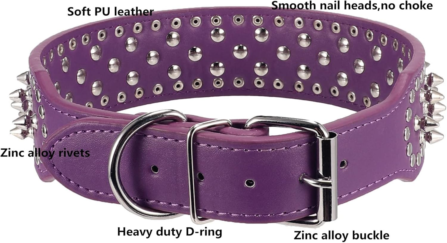 Hoot PU Leather Adjustable Spiked Studded Dog Collar 2" Wide 31 Spikes 52 Studs (S(Neck 17"-20"), Purple) image number 5