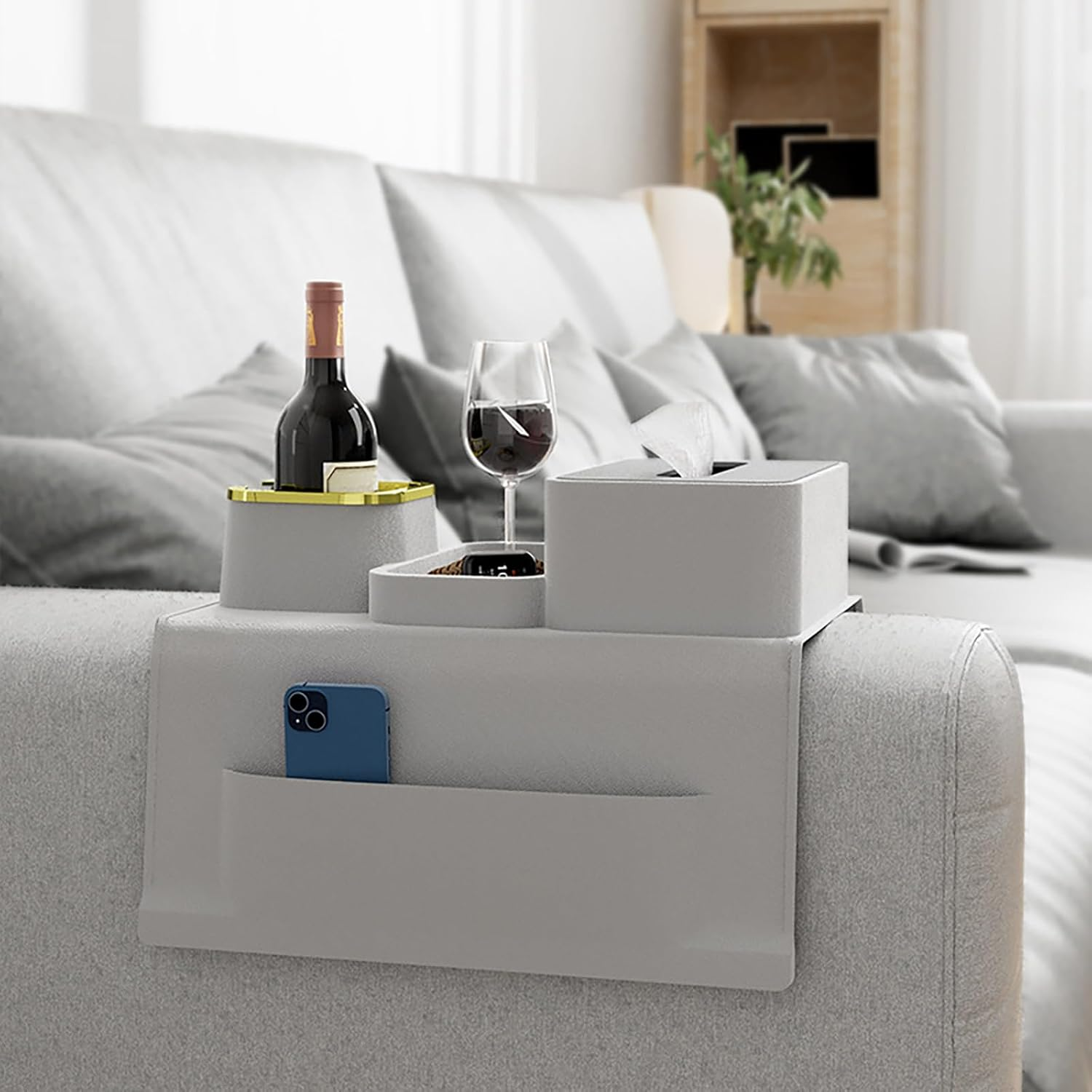 Couch Cup Holder Tray, Silicone Sofa Armrest Drink Holder, Anti-Spill Anti-Slip Couch Arm Tray for Cellphone, Snacks and Remote, Dirt-Resistant image number 1