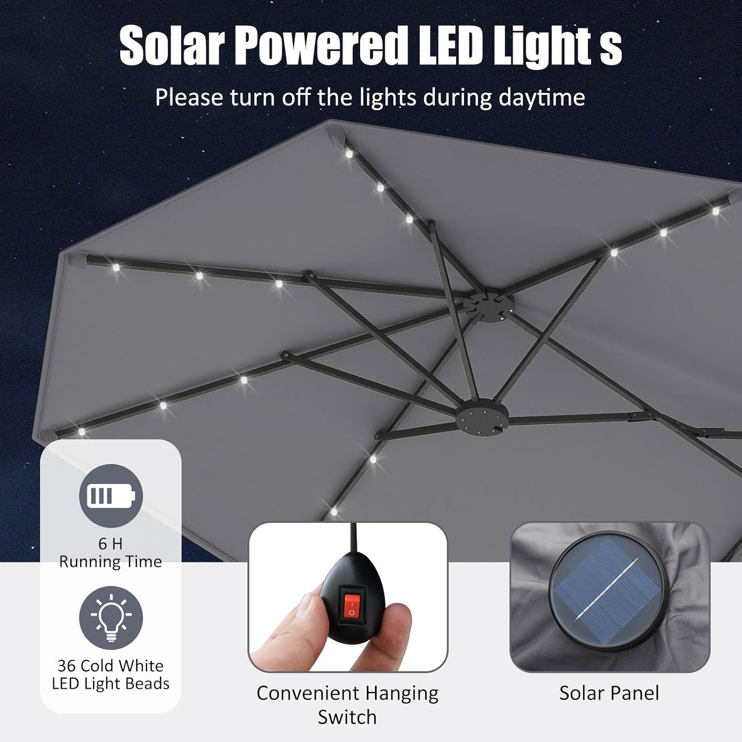 Costway 4 M Double-Sided Patio Umbrella with Base & Solar Lights, Outdoor Twin Umbrella W/ 48 LED Lights, Crank Handle, Air Vents, Oversized Rectangle Market Umbrella for Poolside Garden image number 5